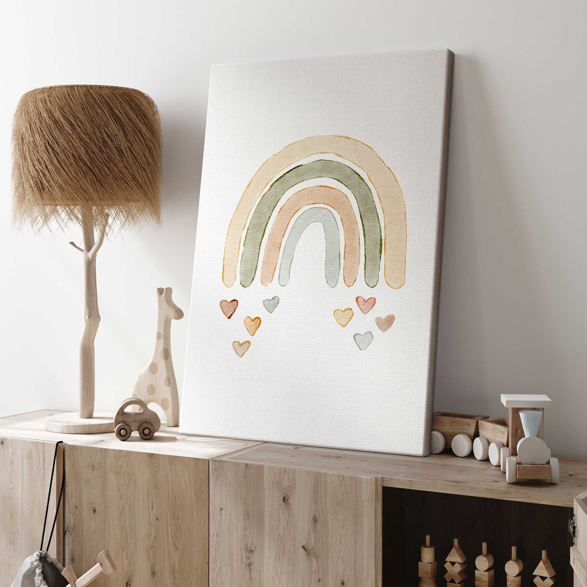 hearts at the end of the rainbow canvas print in a kids room