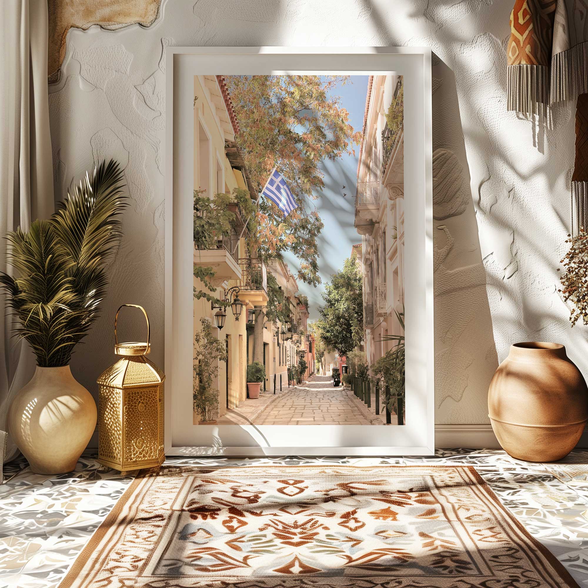 Quiet Athens Lane print leaning against a wall