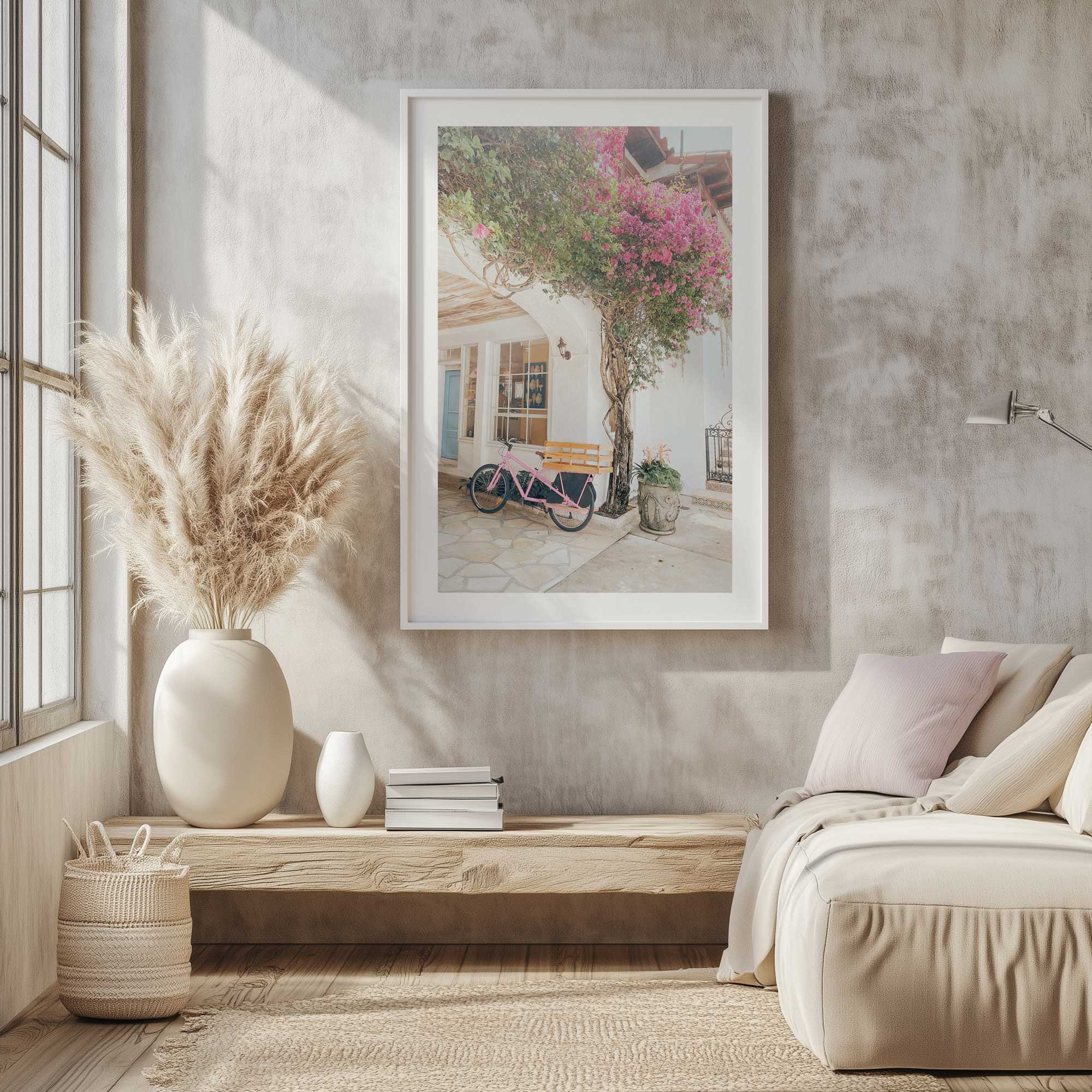 Bougainvillea Bicycle shop art print hanging in a neutral room