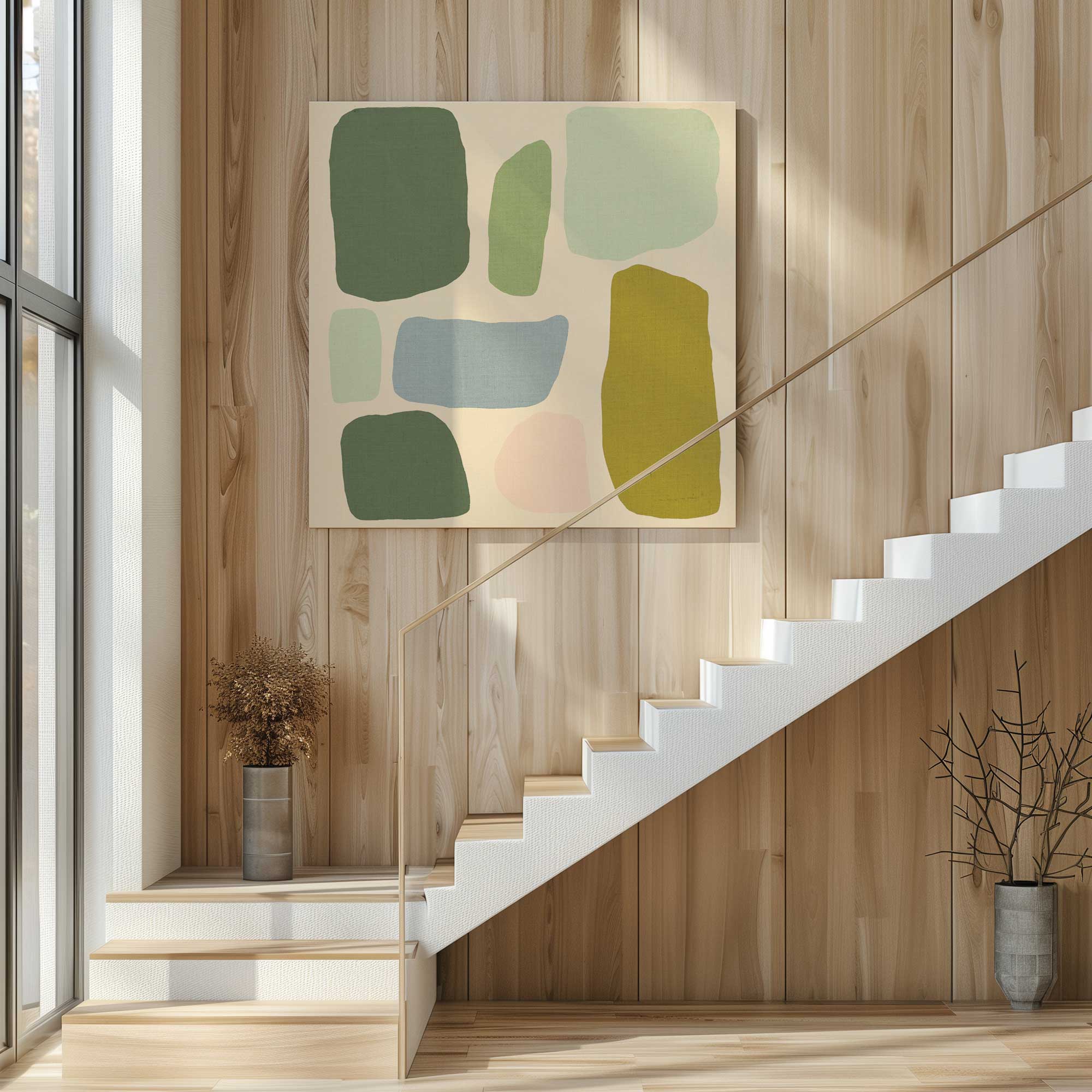chromatic rhythms v2 large canvas print hanging in staircase