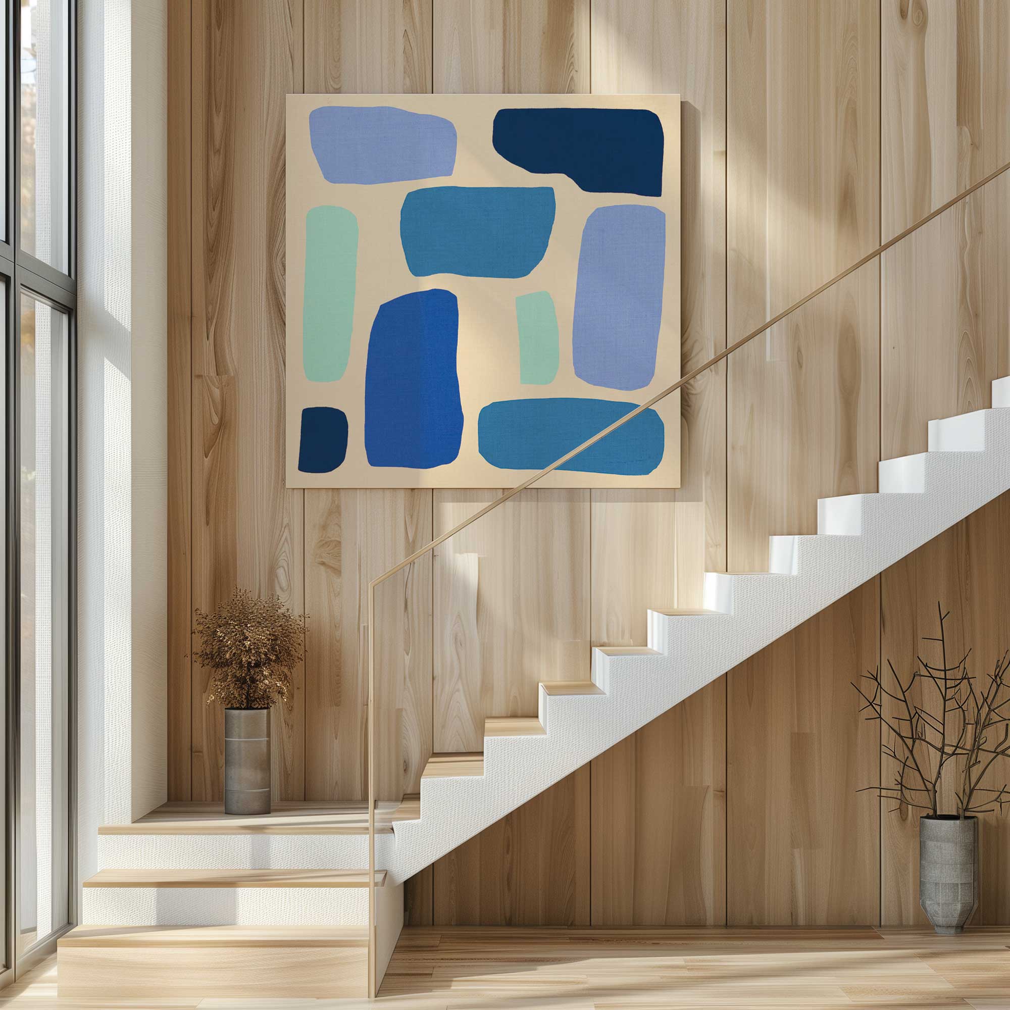 large square abstract piece, chromatic rhythms v3 hanging on starcase