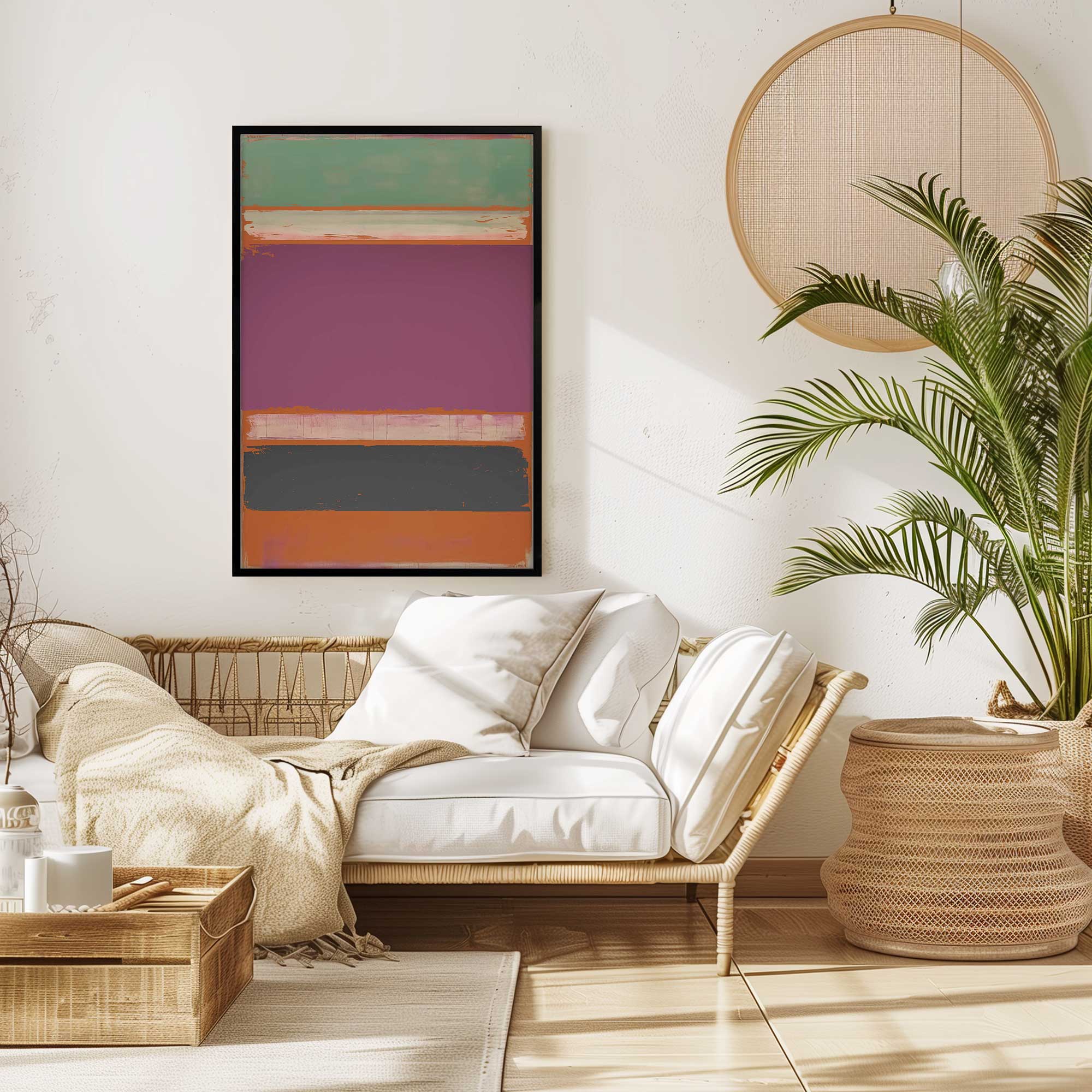 Fushia Fields of Tranquility color block abstract print hanging in boho living room