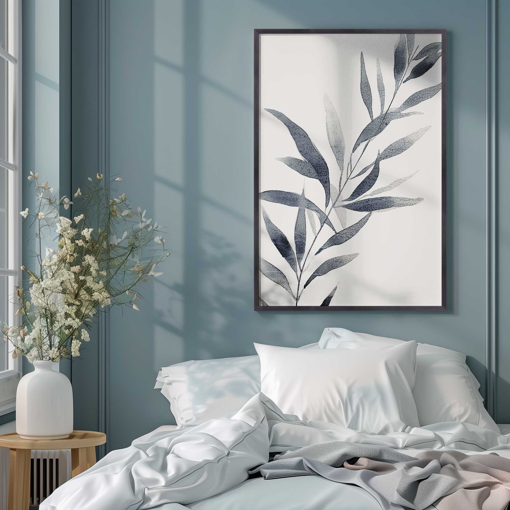 monochrome botanical v1 print on a bedroom wall