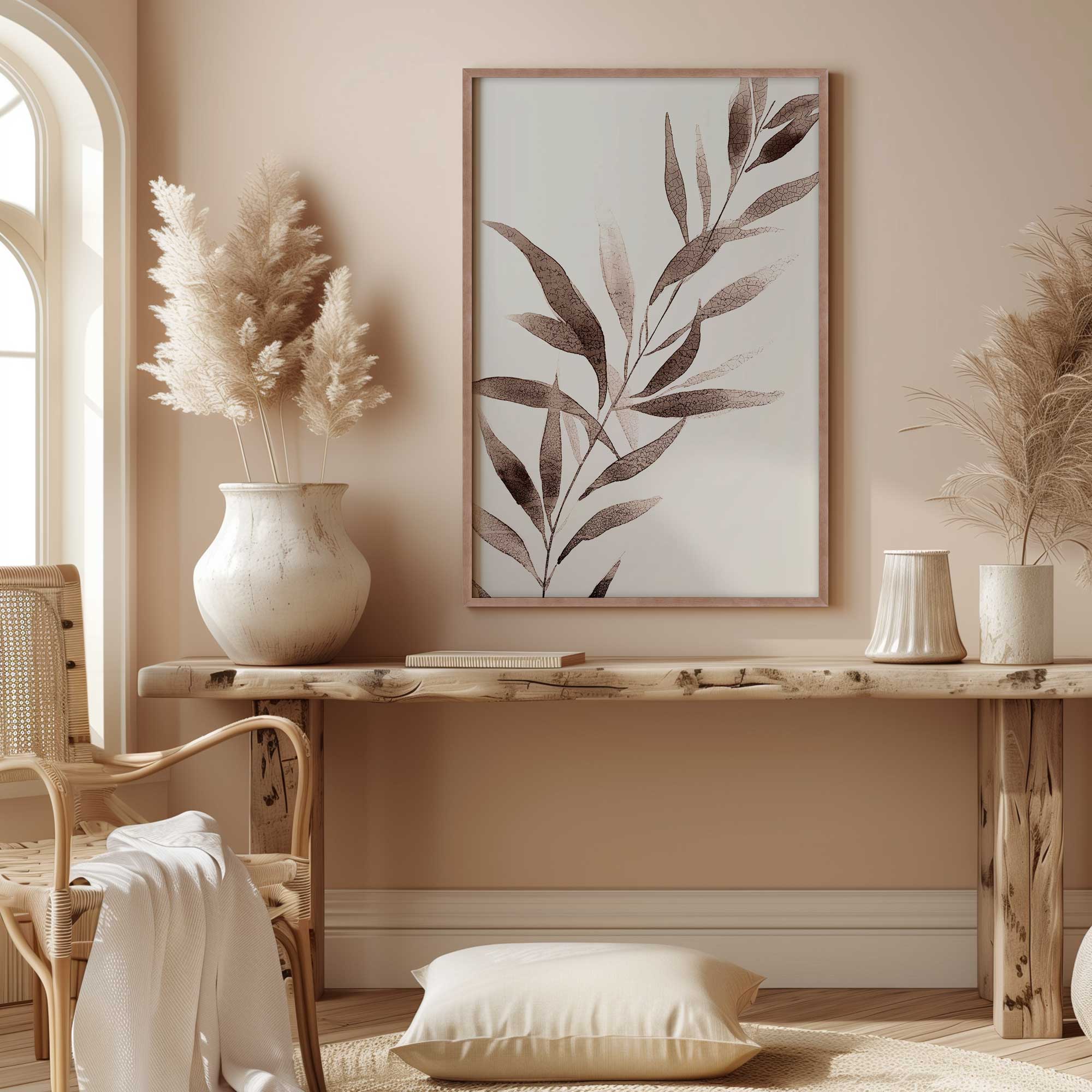 monochrome botanica v4 print hanging above a wooden desk