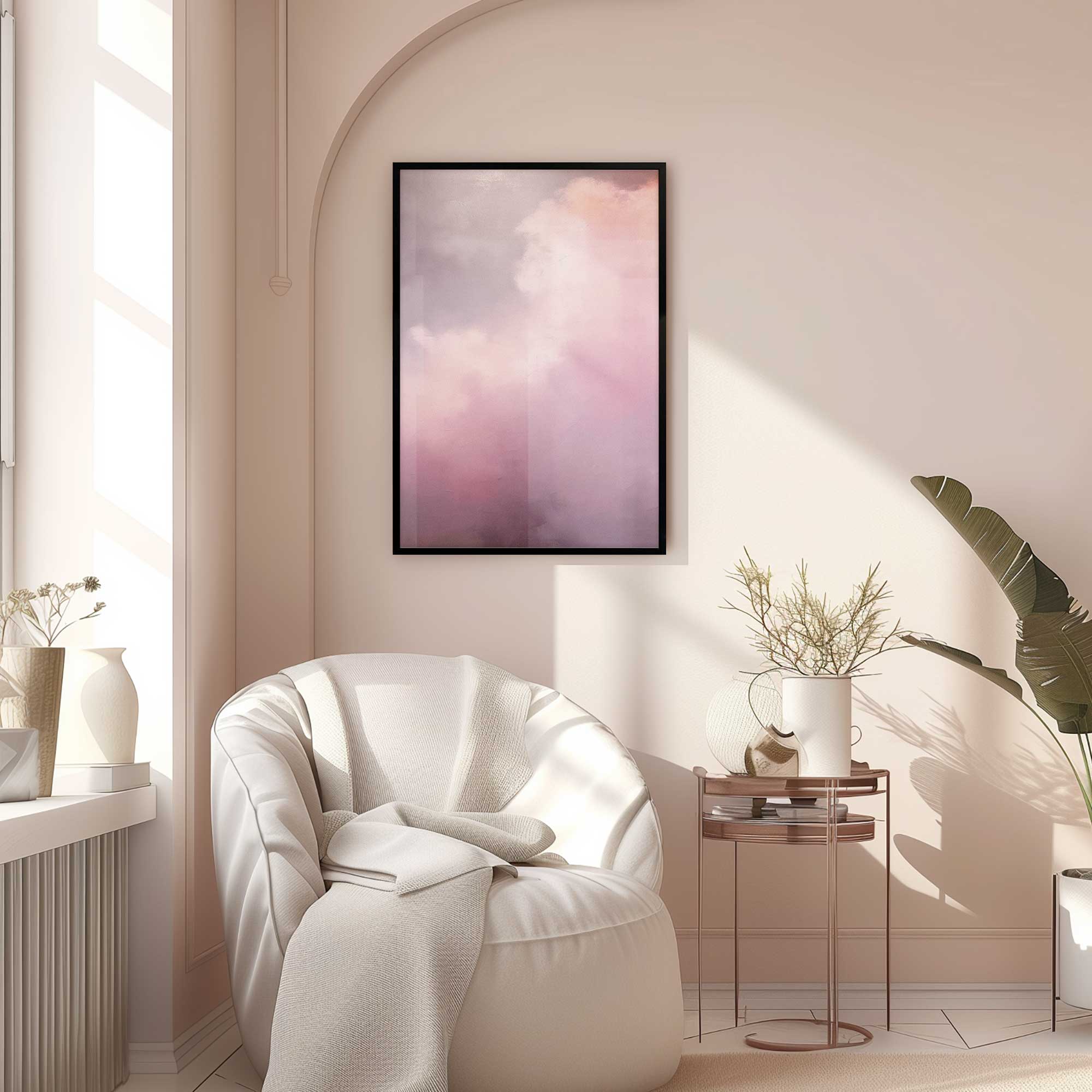 pastel skyline v1 print in a black frame in a cozy reading corner