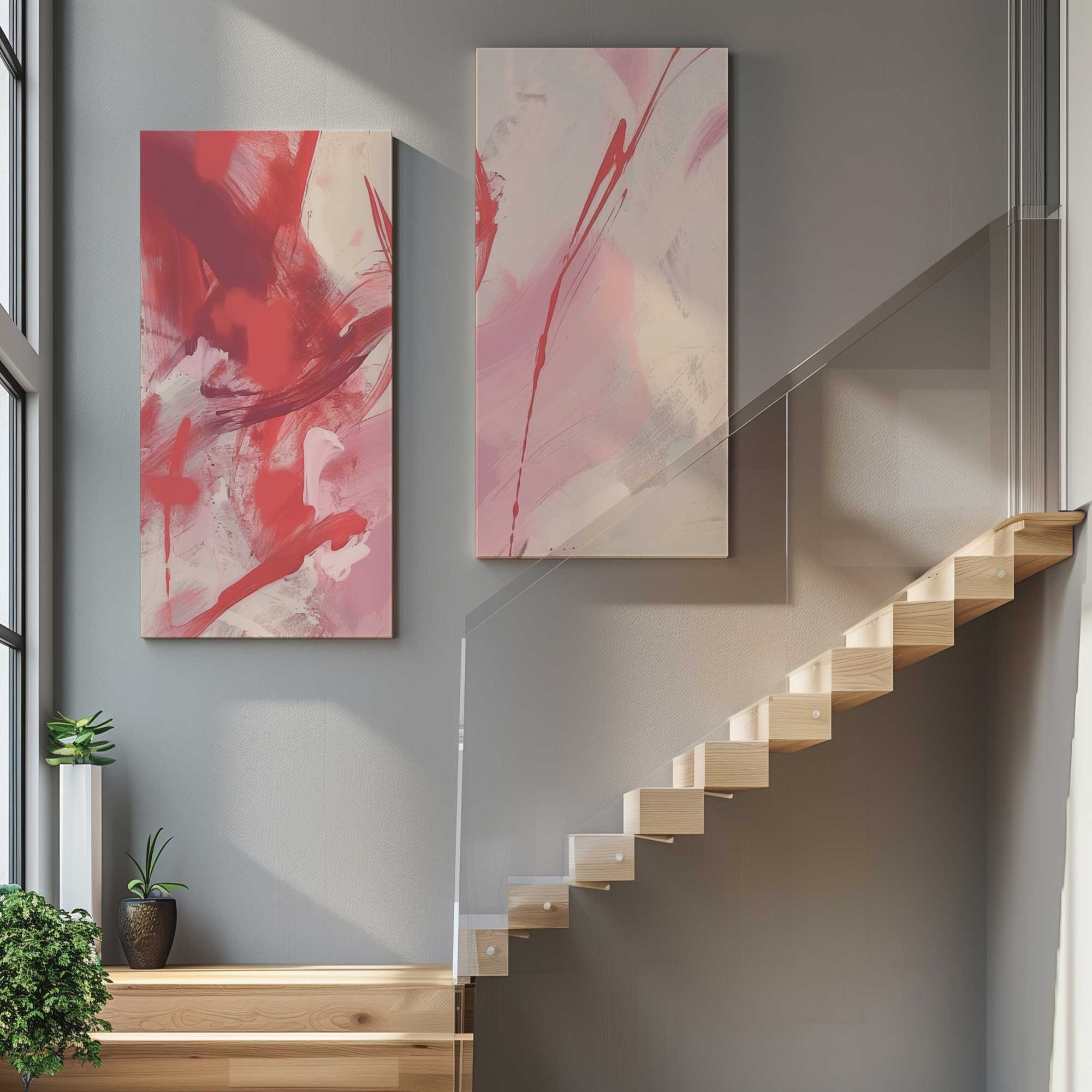 Rosy Rhapsody v2 large canvas split panel print hanging in staircase