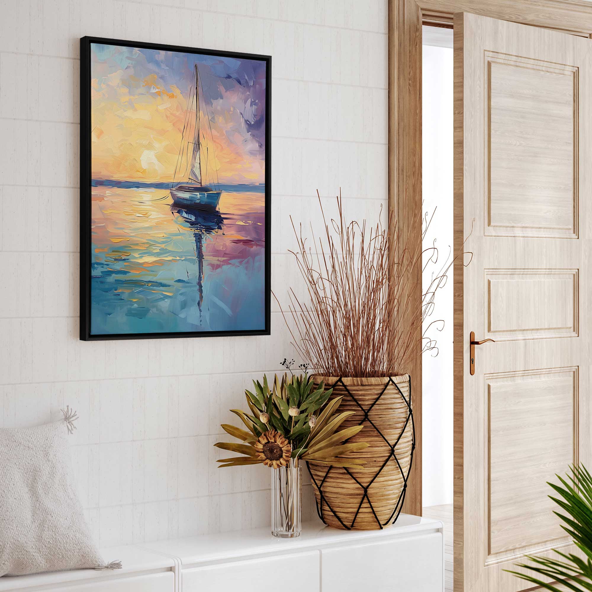 Sunset sail v1 print on canvas hanging in bathroom