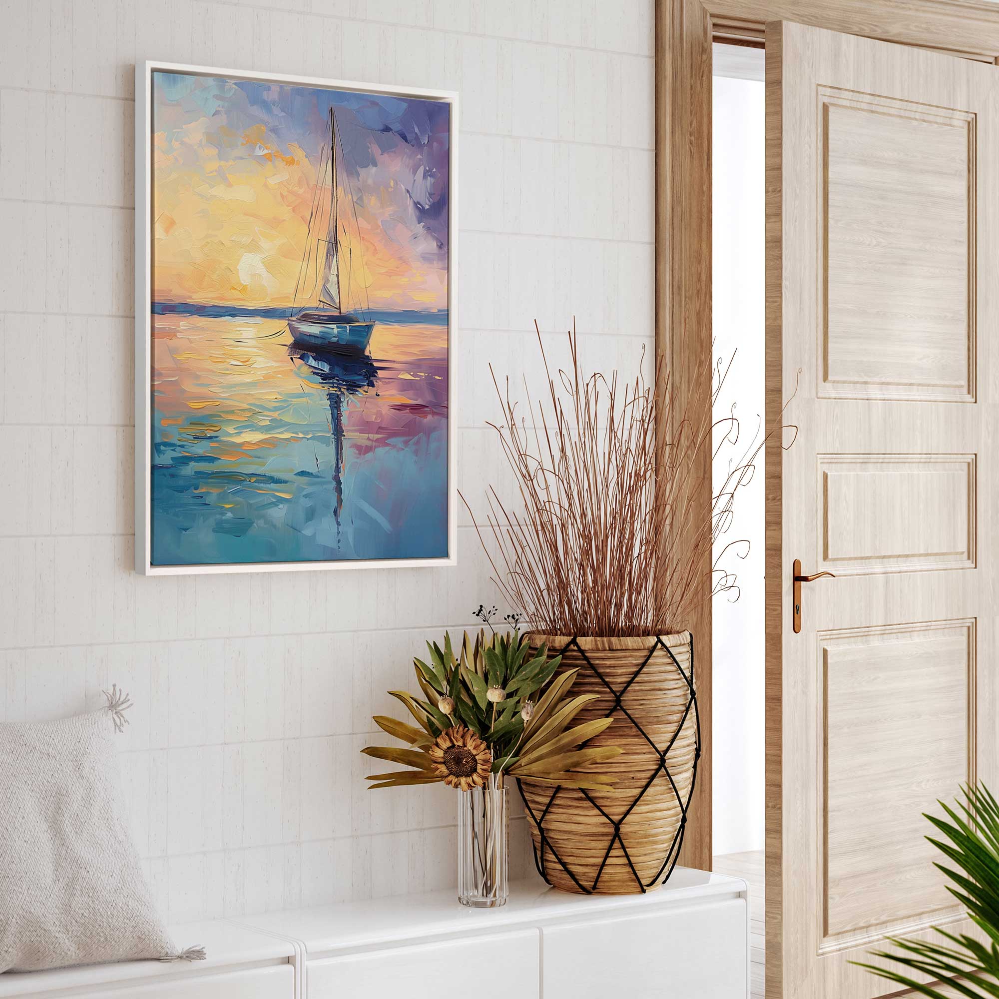 sunset sail v2 print on canvas in a white floater frame hung up in an entryway