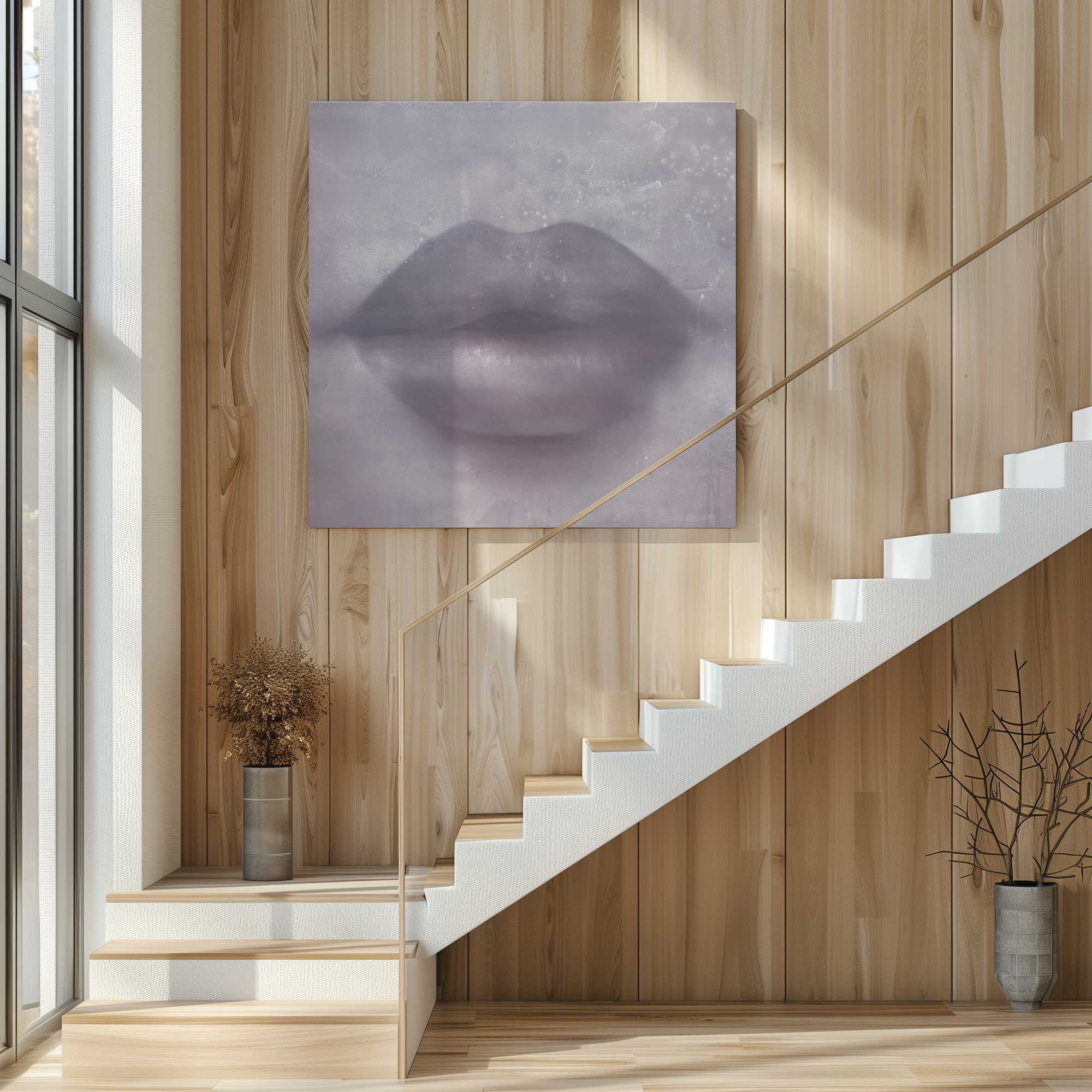 whispered kiss purple large canvas print on staircase