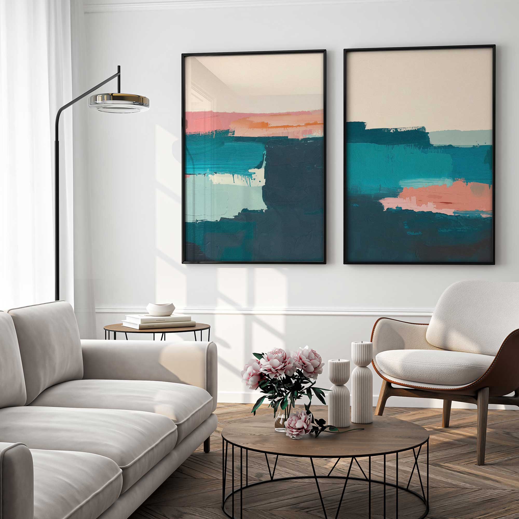 azure reverie set of 2 prints on living room wall