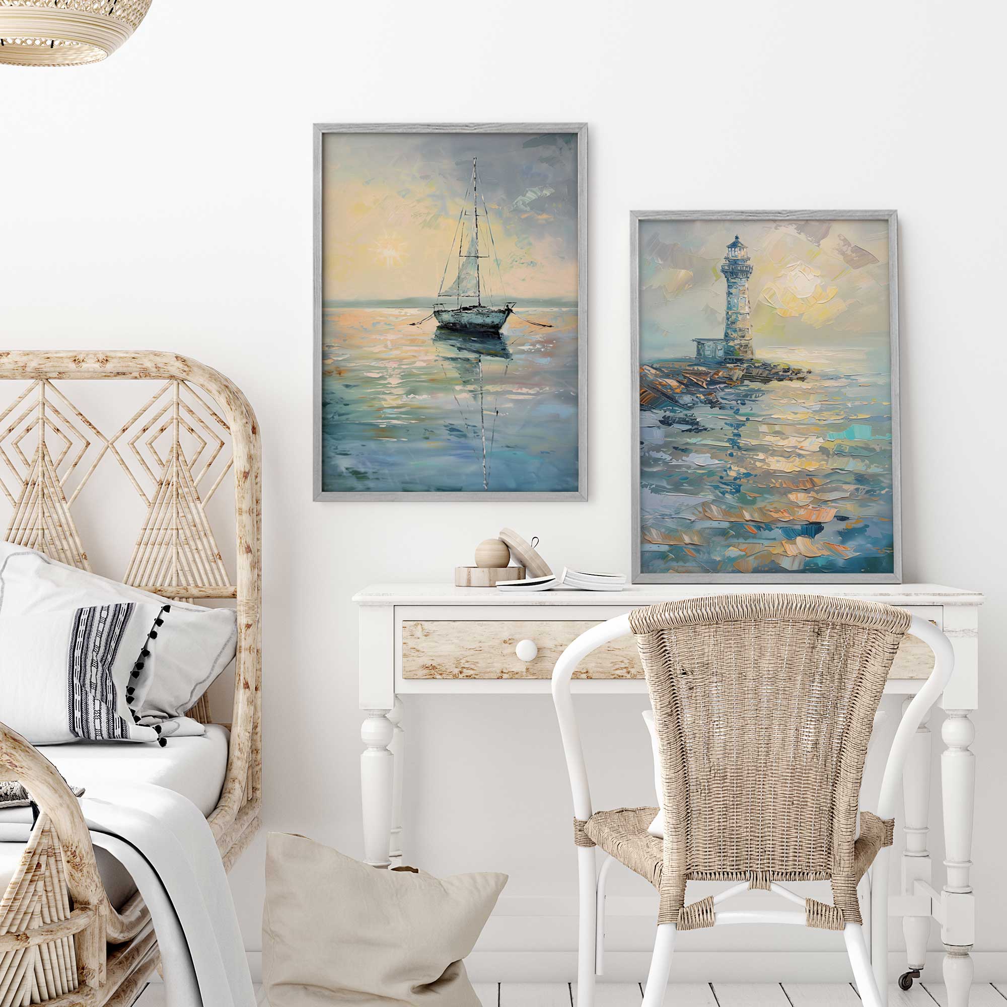 harbor glow set of 2 prints hanging above a desk in the bedroom