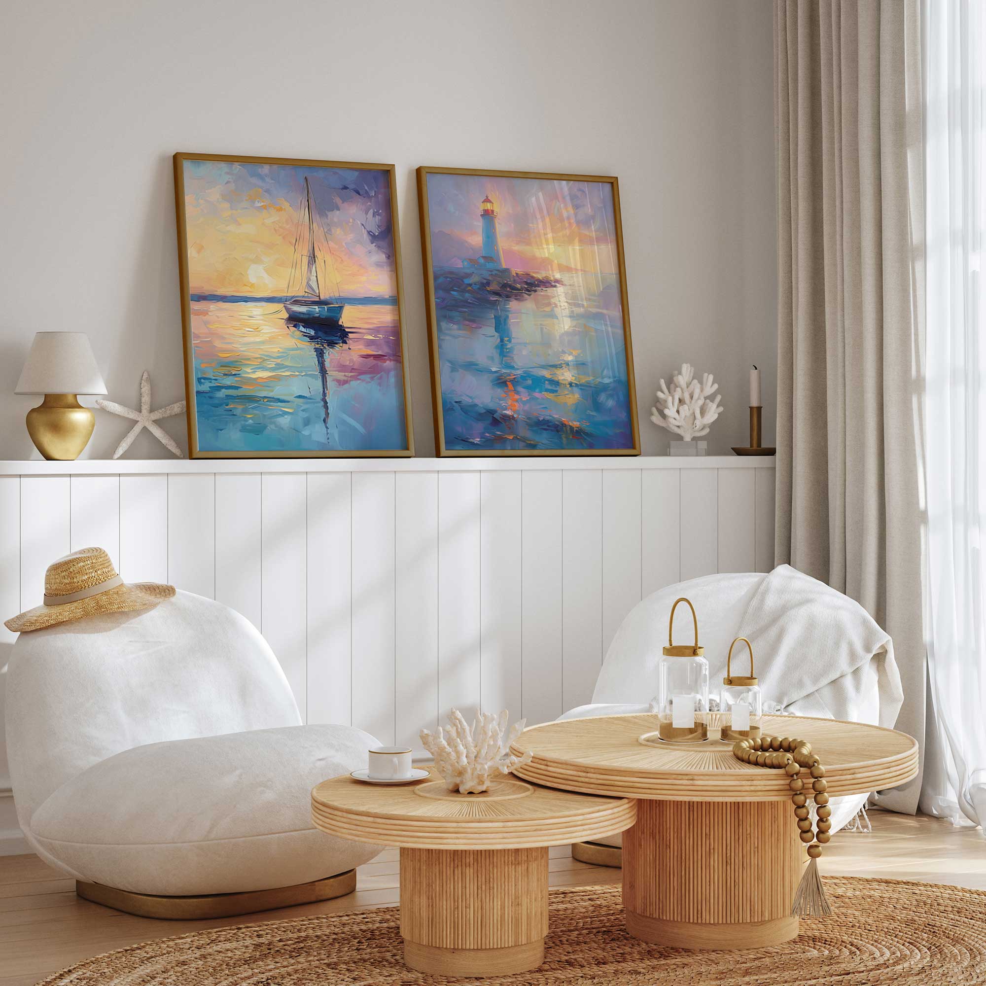 sunset sail set of 2 prints in gold frames in coastal style living room