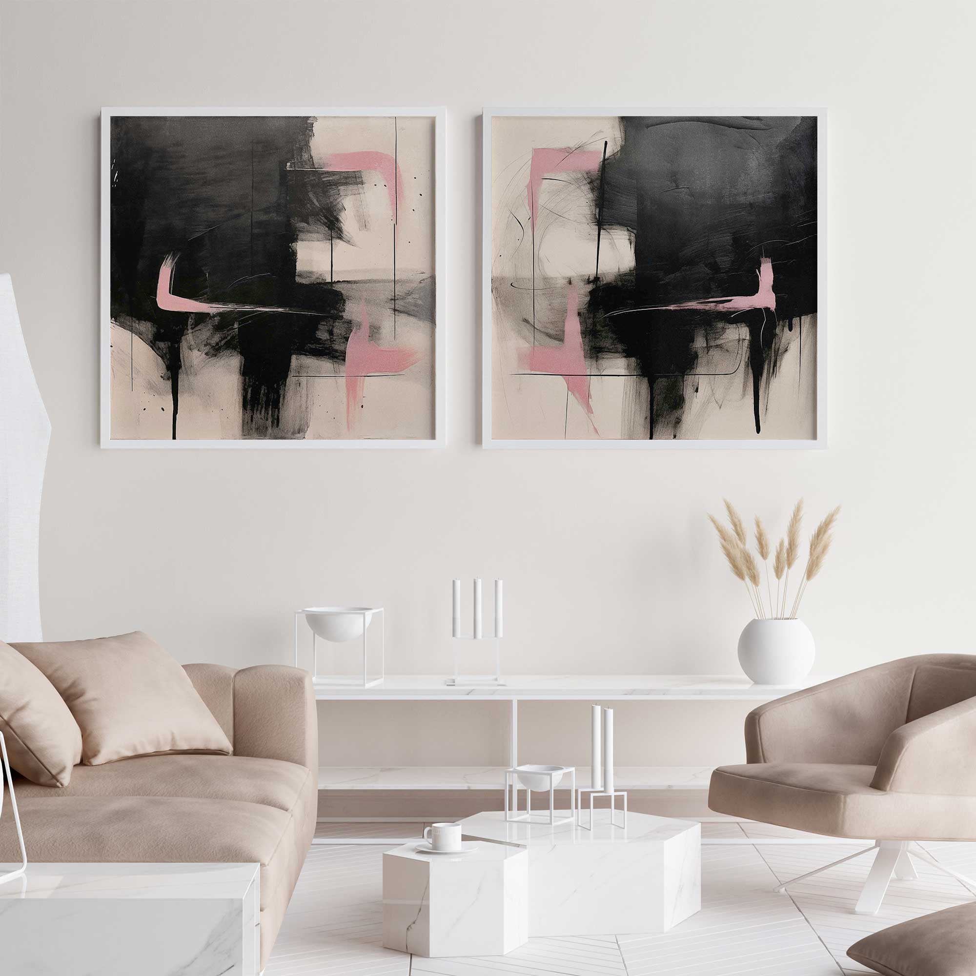 midnight rose dreamscape set of two black, beige and pink abstract art hanging in living room