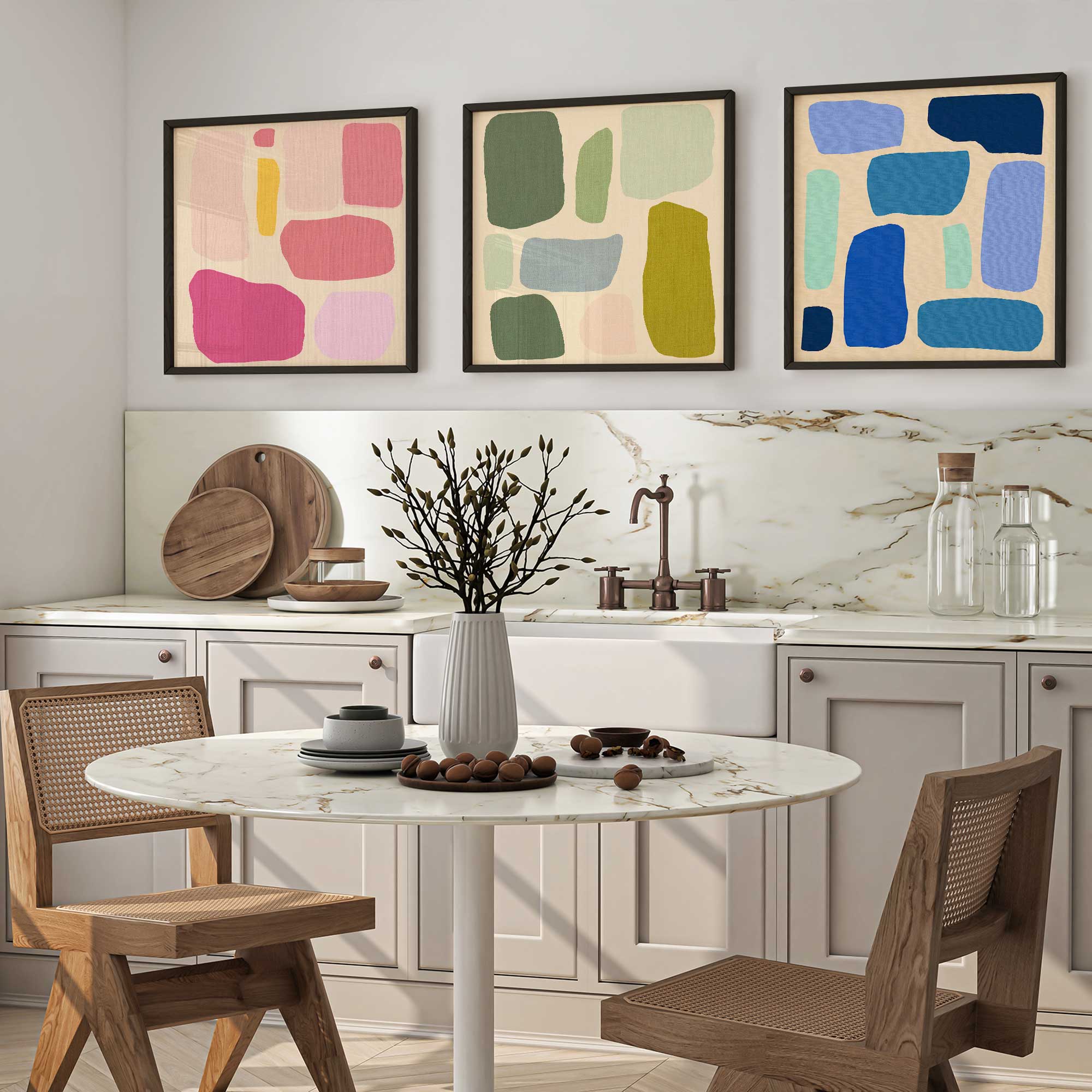 Chromatic Rhythms set of 2 bold abstract prints in black frames hanging in a kitchen