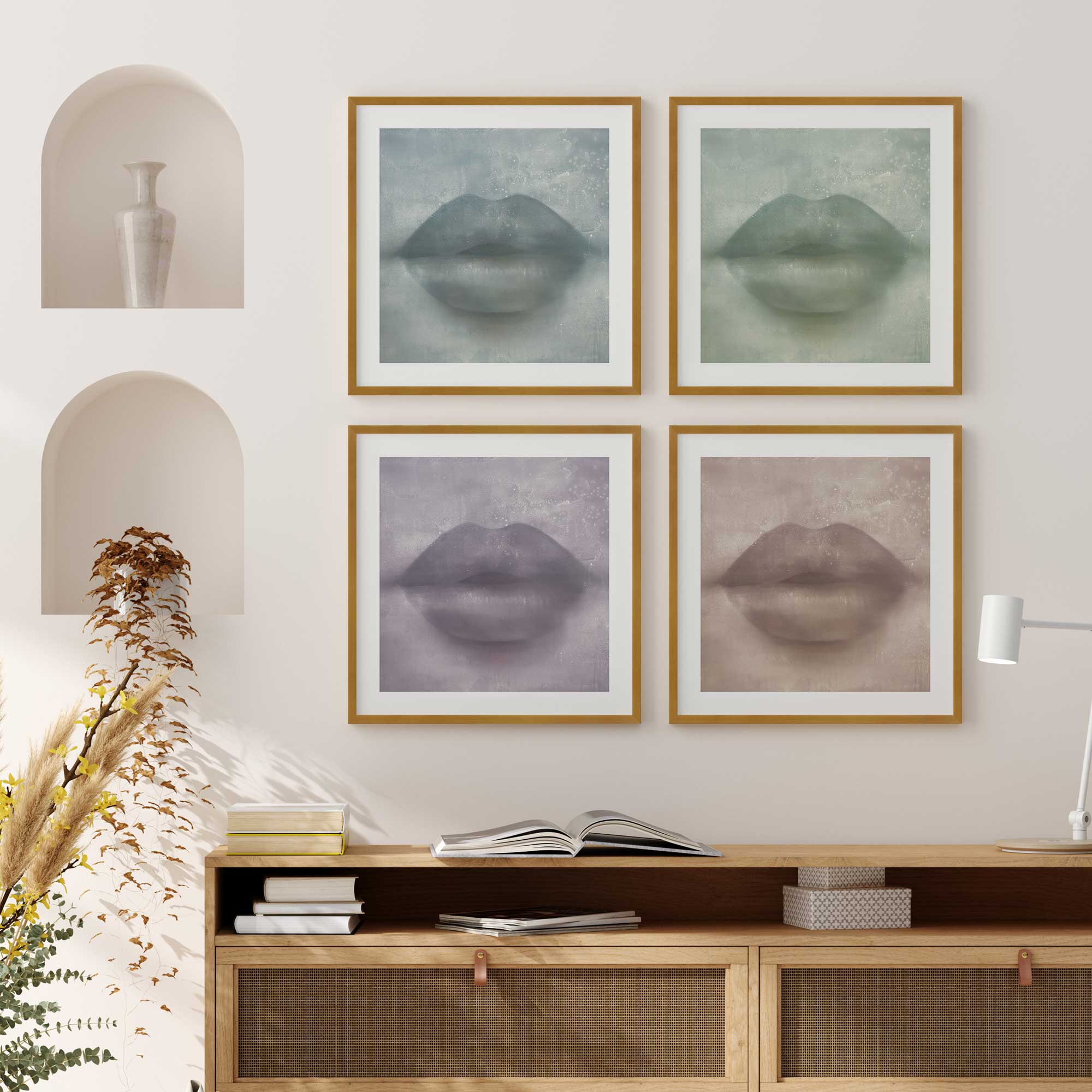 whispeed kiss set of 4 colorful lip art prints hanging above console table