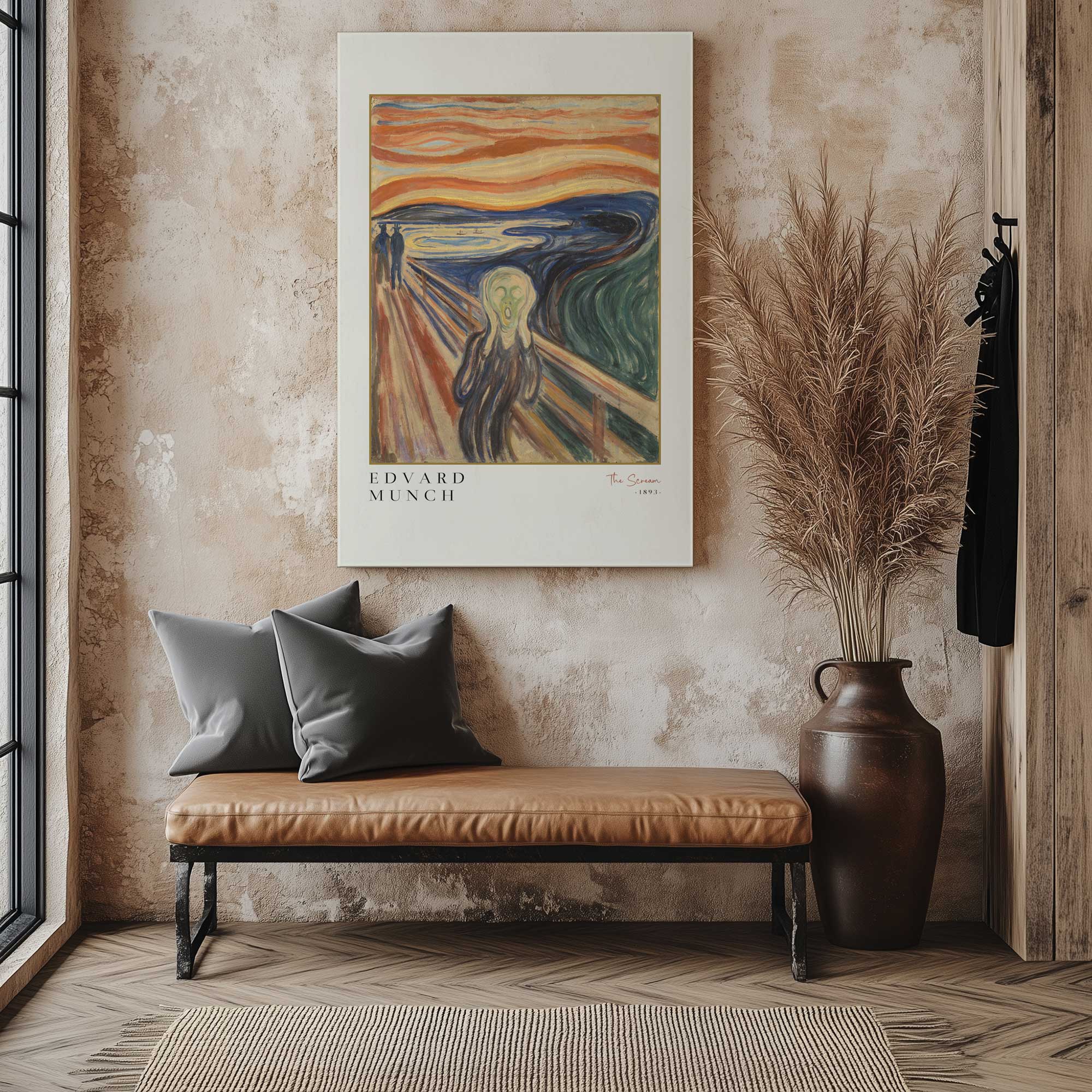 The Scream by Edvard Munch Print on canvas hanging above bench