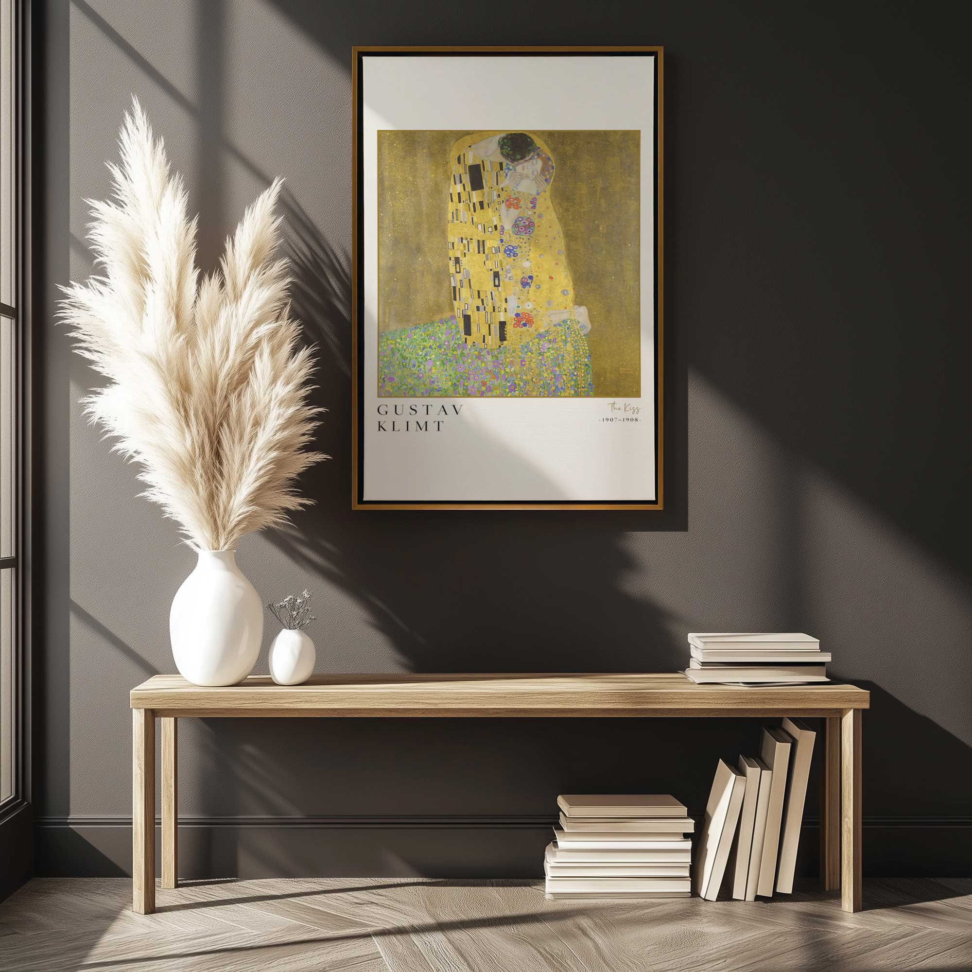 The Kiss by Klimt on canvas in a gold floater frame hanging in brown living room