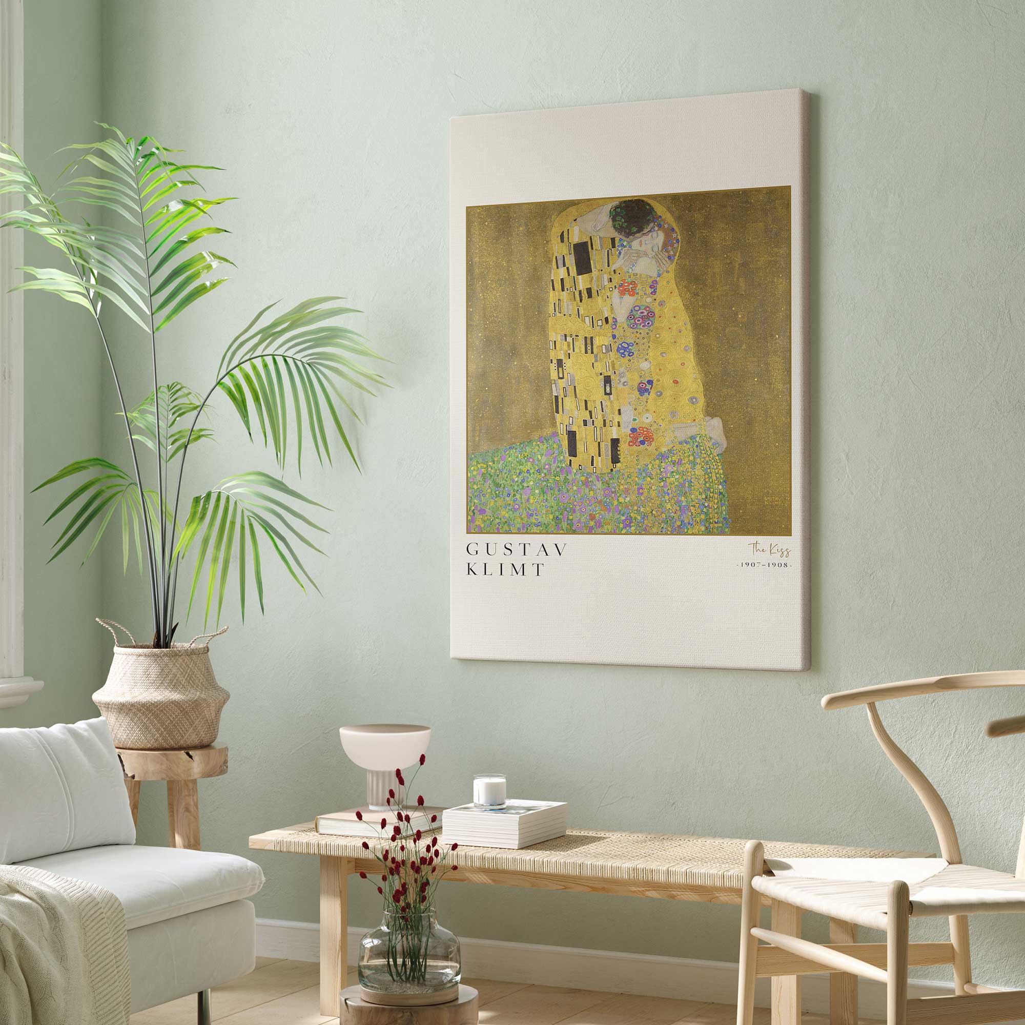 The kiss by gustav klimt on stretched canvas hanging in green sitting room