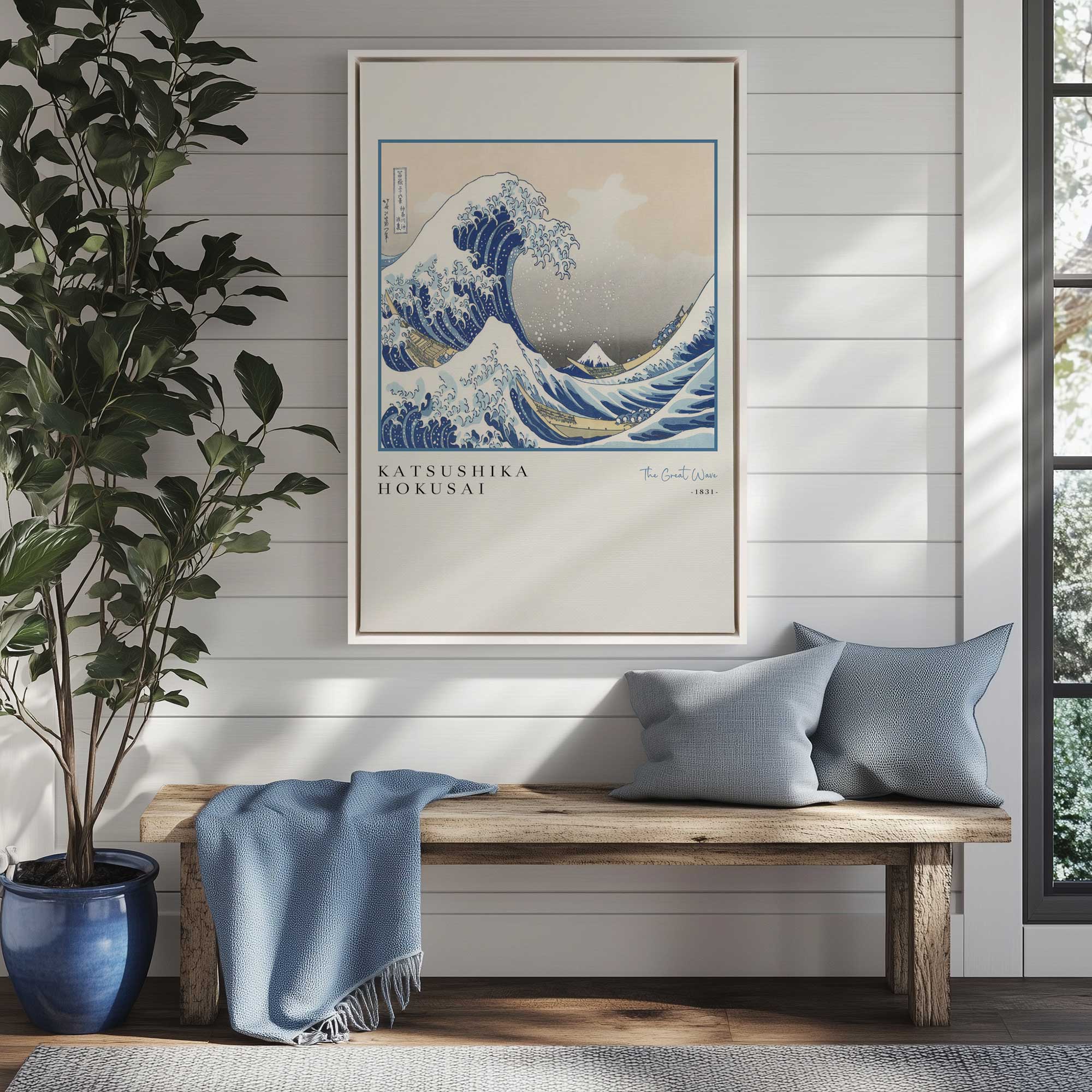 the great wave by hokusai canvas print hanging above a bench