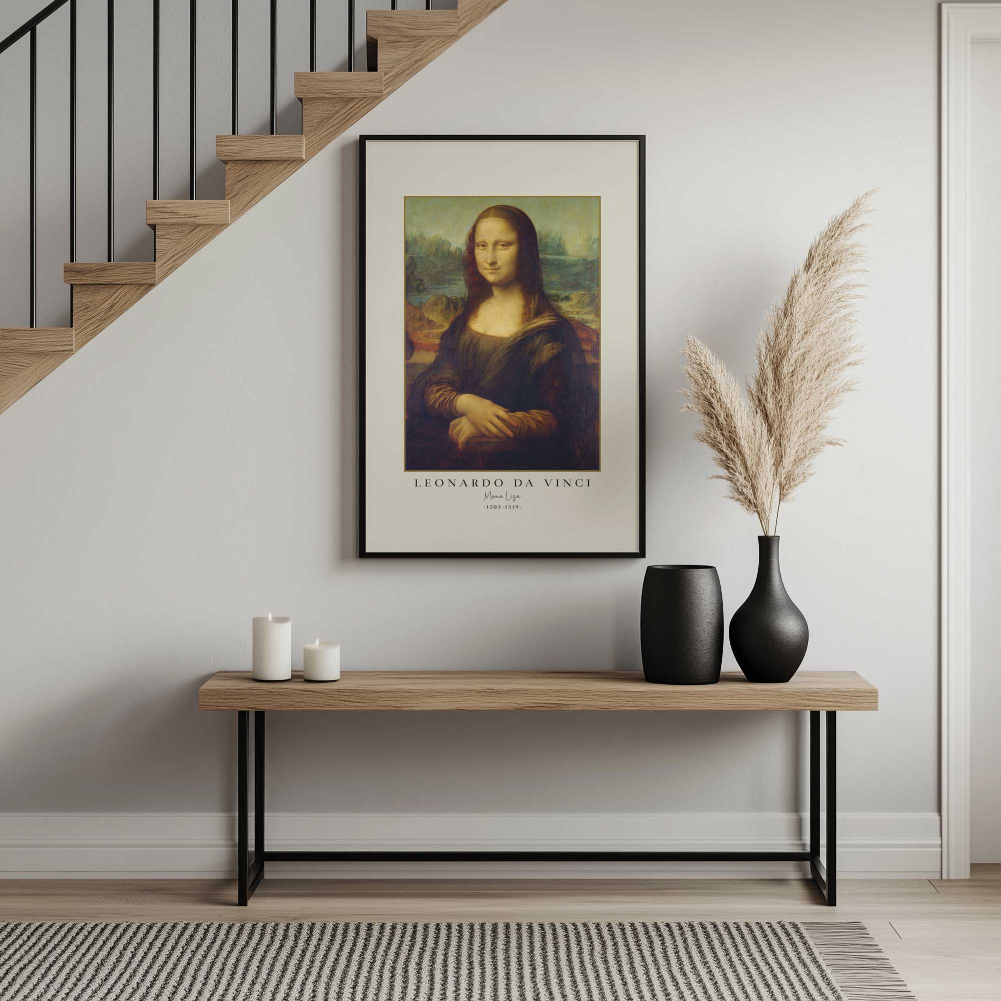 Mona Lisa print in a black frame hanging by stairs