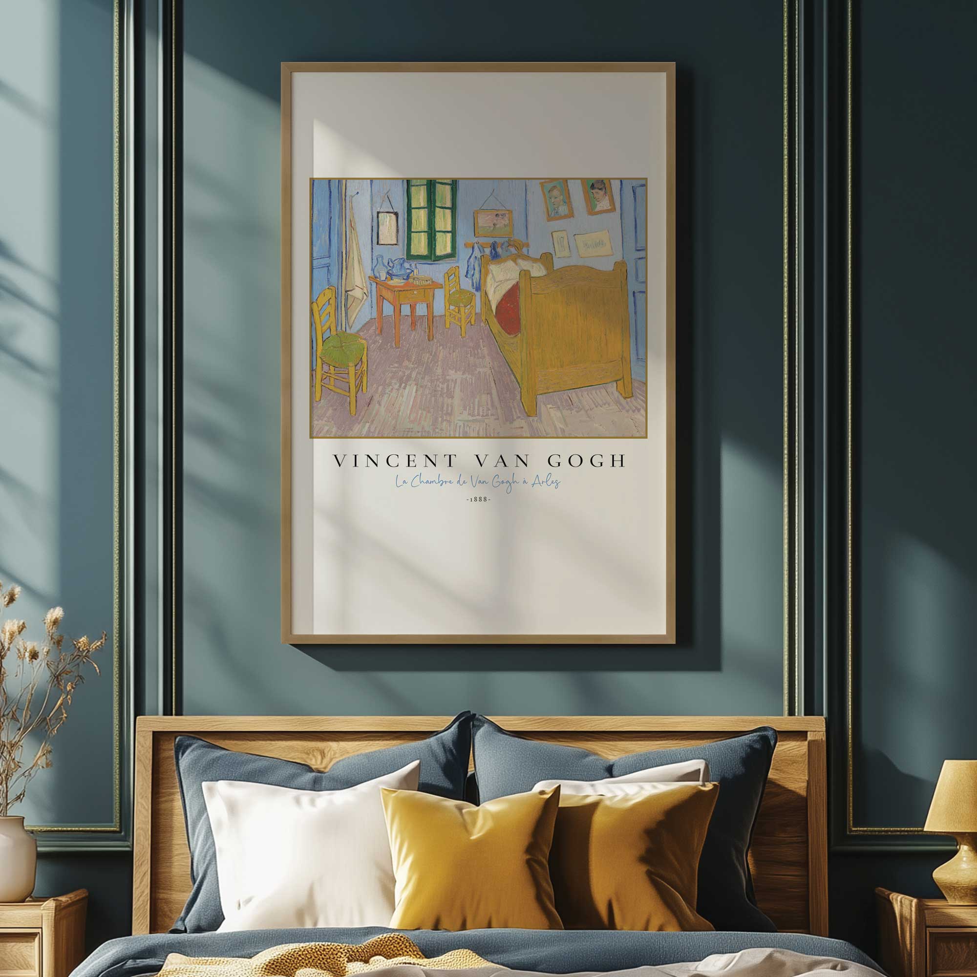 Van Gogh's La Chambre Print in a gold frame above the bed