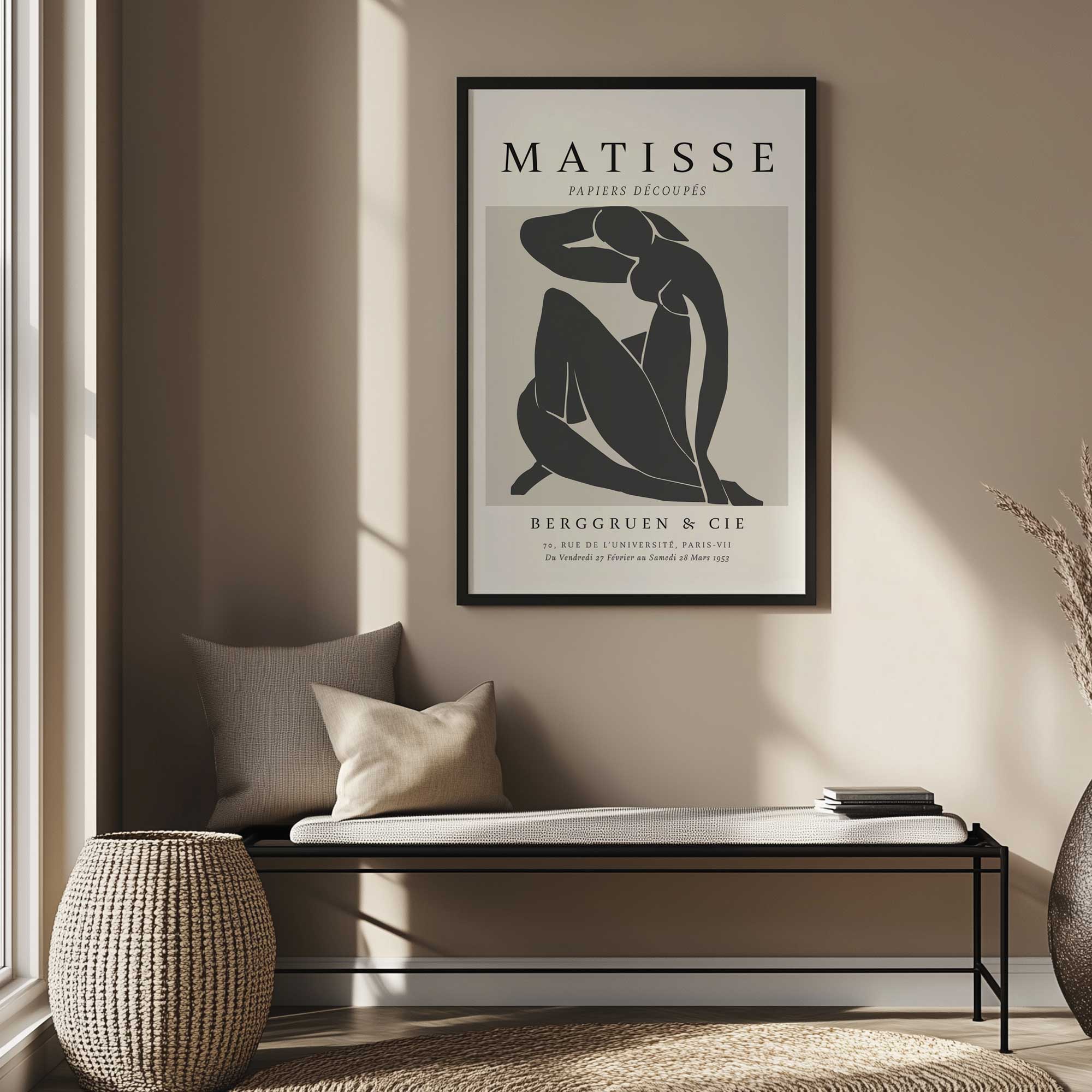 matisse's nude II in black print hanging in neutral living room