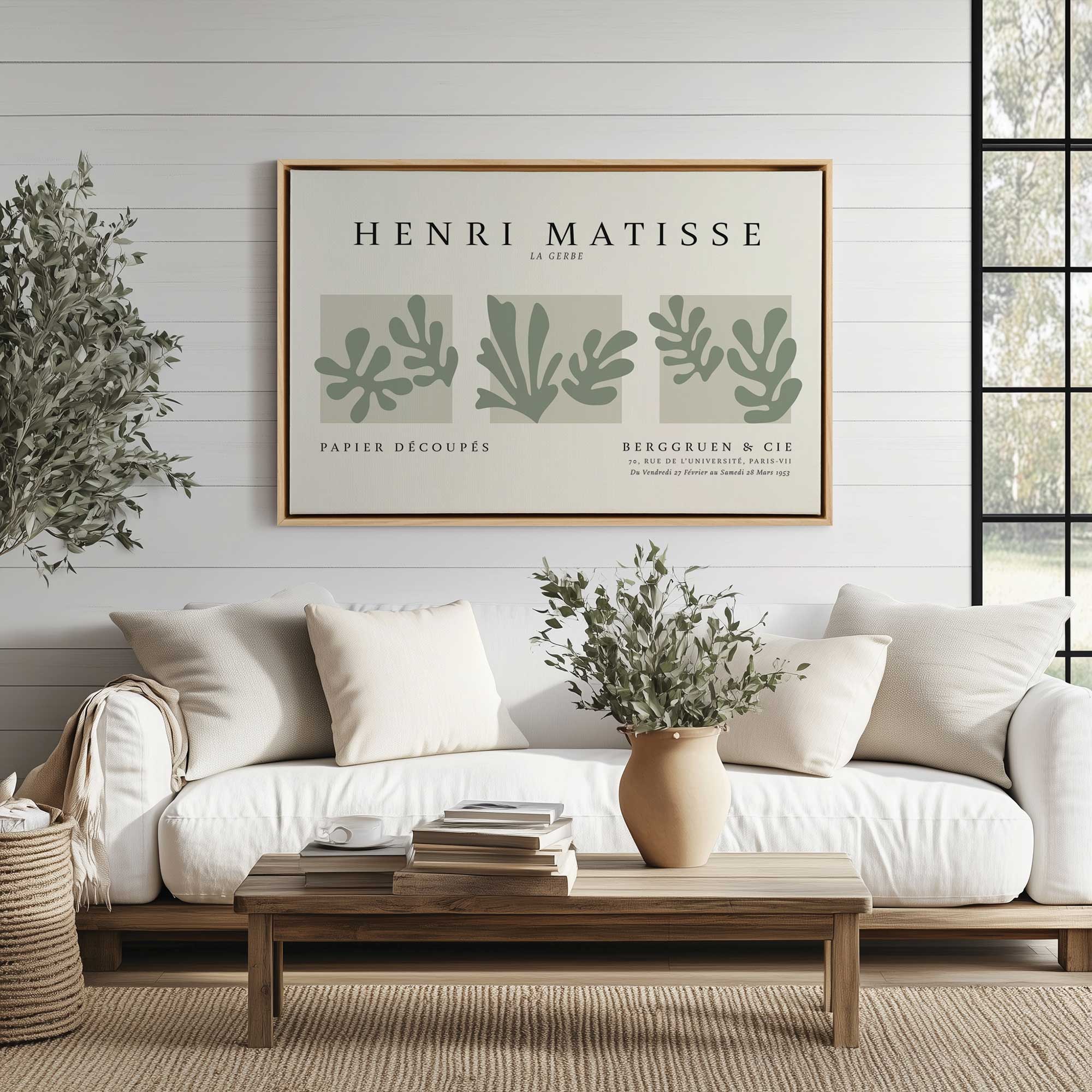 Big La Gerbe Trio matisse print on canvas hanging above couch