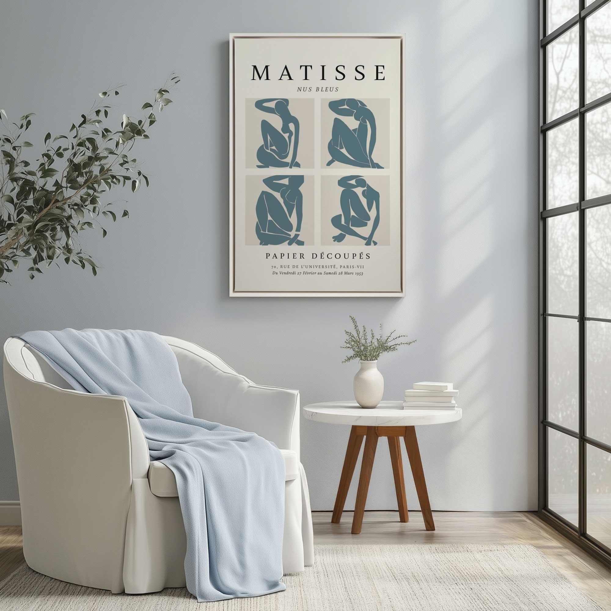 Nus Bleus Matisse fine art poster v2 print on canvas in a white frame hanging on wall