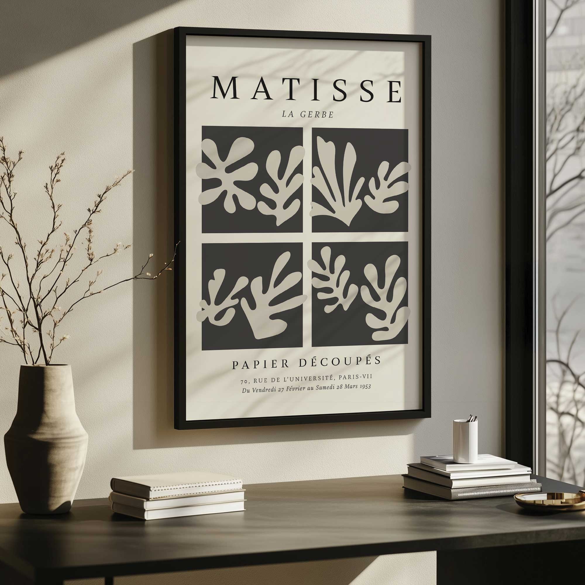 Matisse's la gerbe quartet in black framed print hanging in a home office