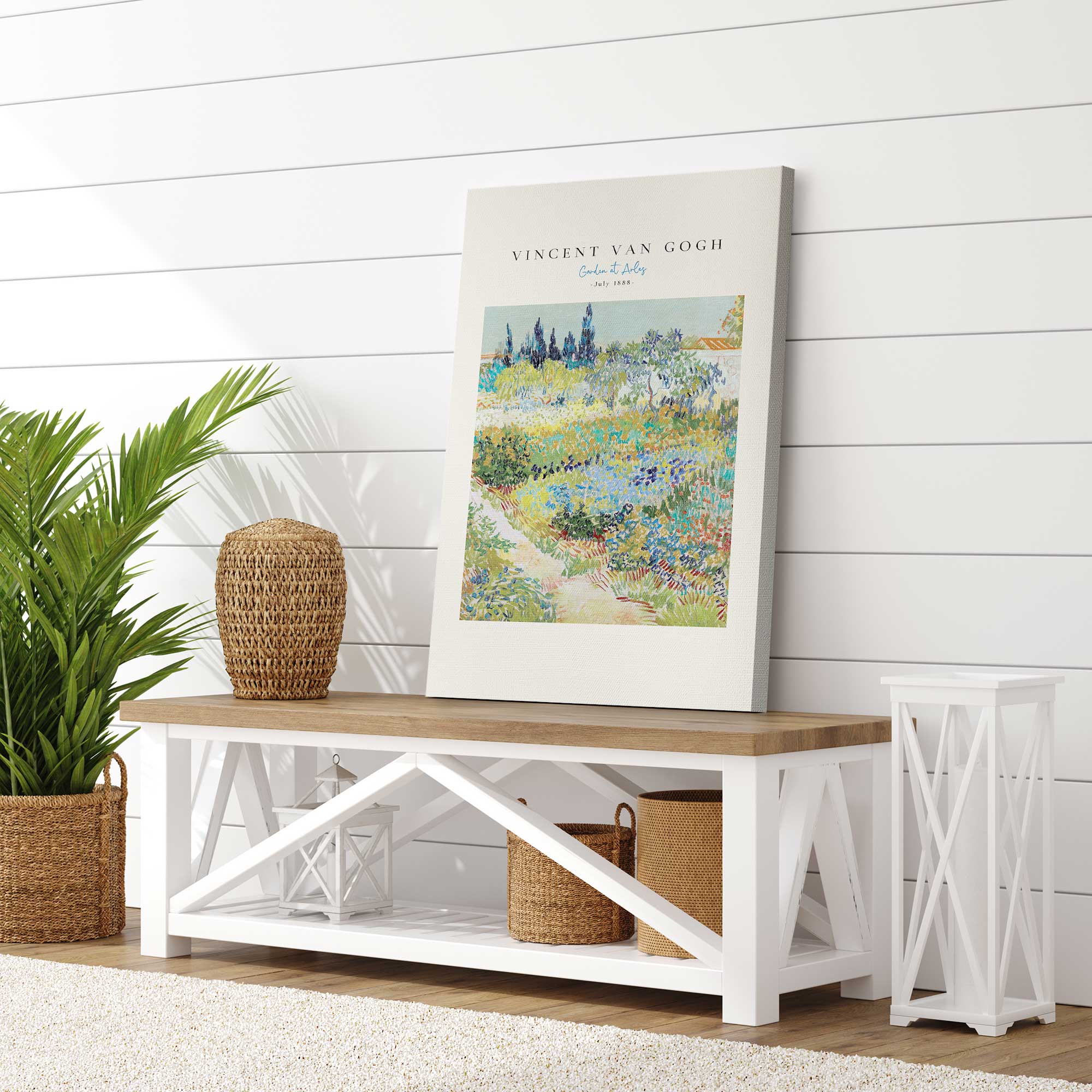 van gogh's garden at arles v2 print on canvas sitting on a bench