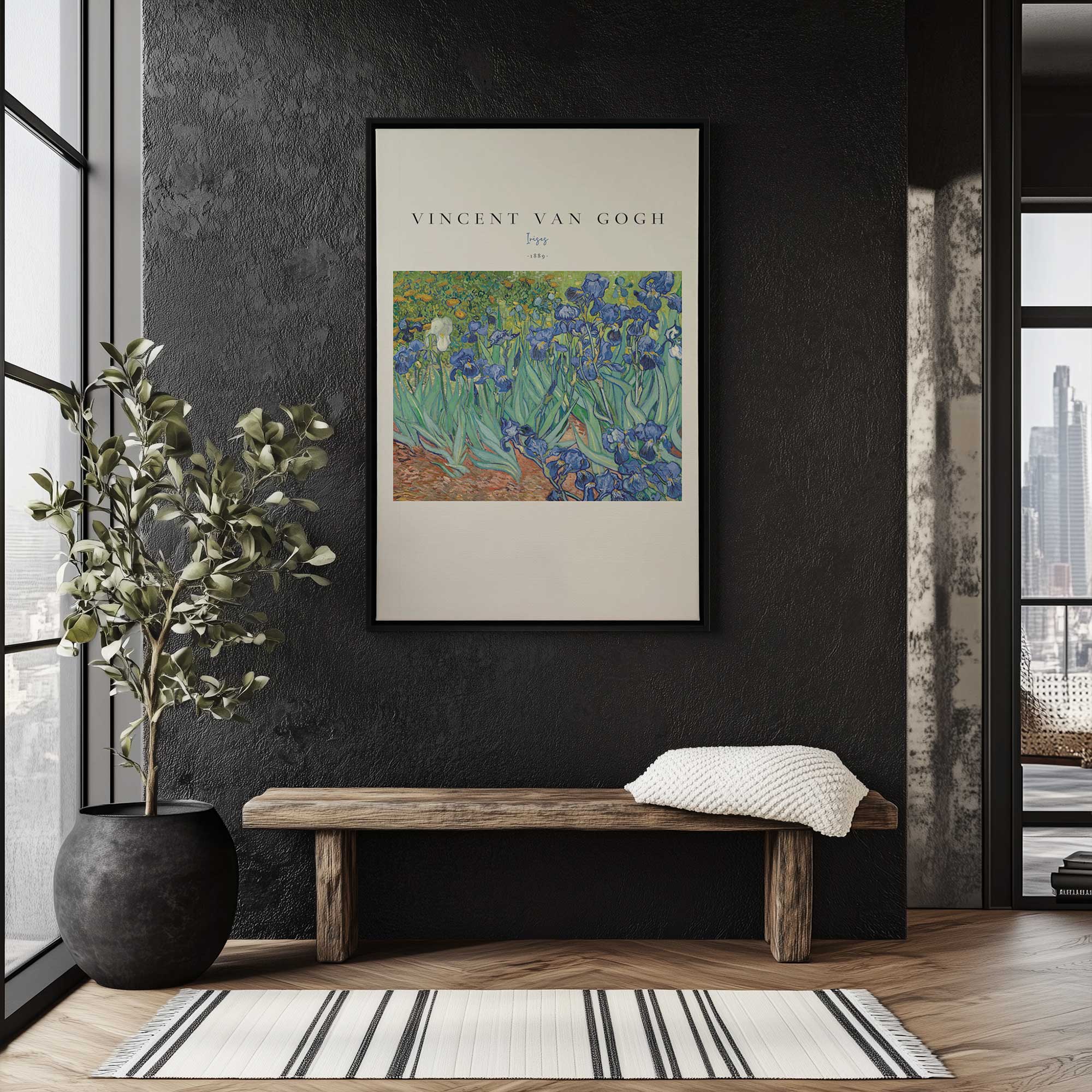 Van gogh's irises v2 print on canvas in a black frame over a bench