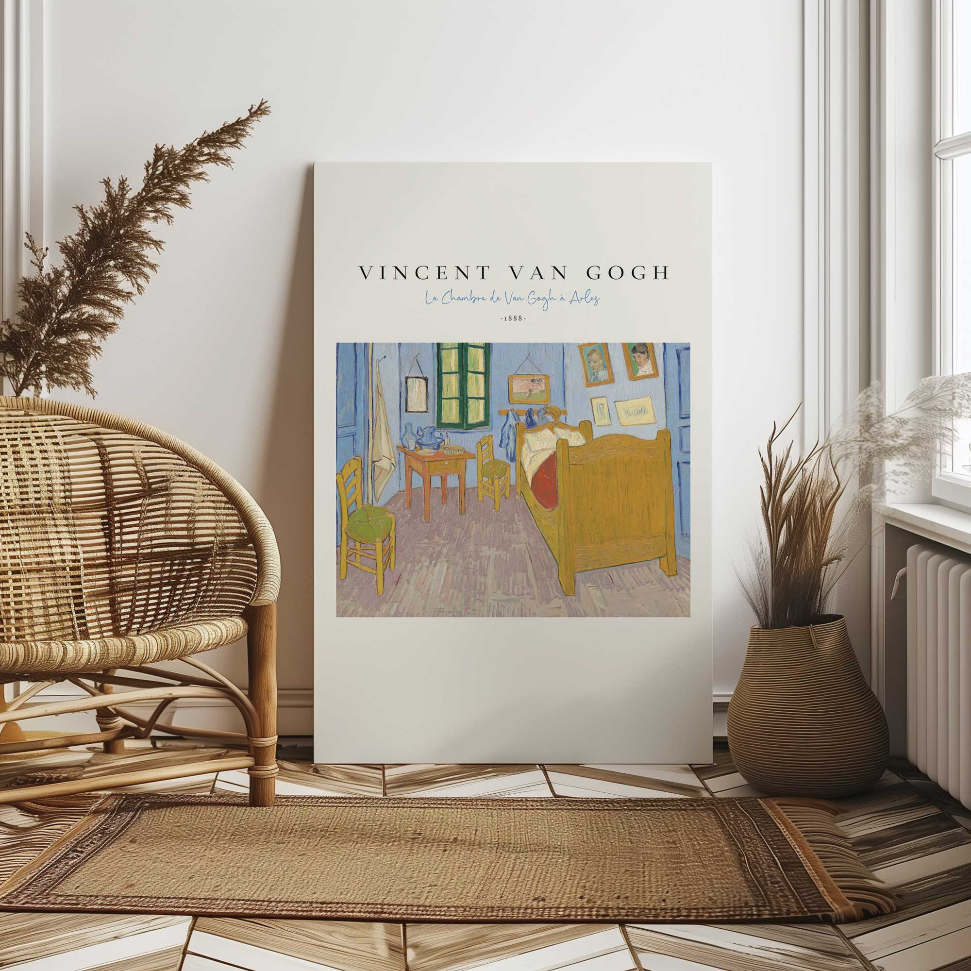 van gogh's la chambre v2 print on stretched canvas leaning against the wall