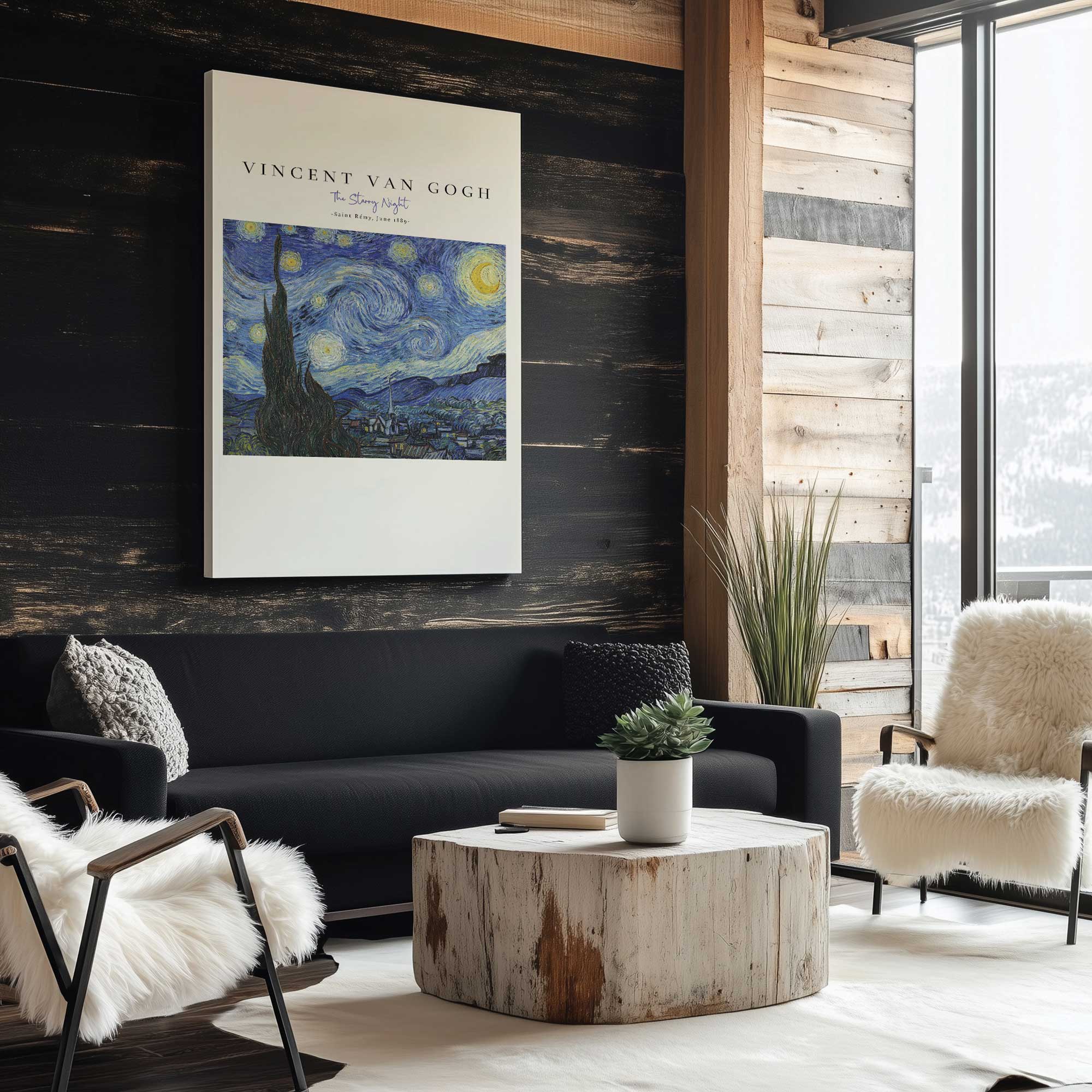 van gogh's starry night v2 print on canvas hanging in living room