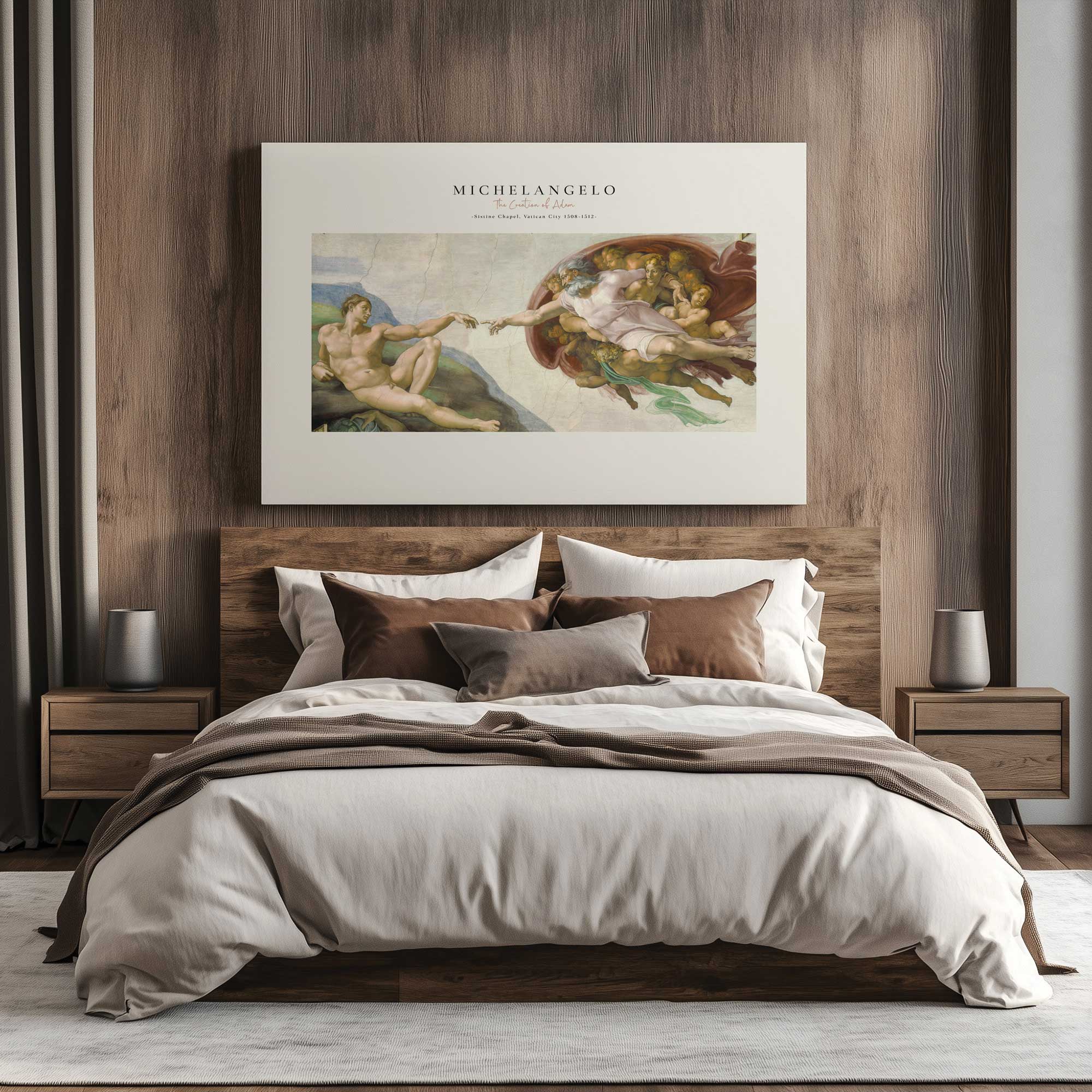 The Creation of Adam by Michelangelo v2 print on canvas hanging above the bed