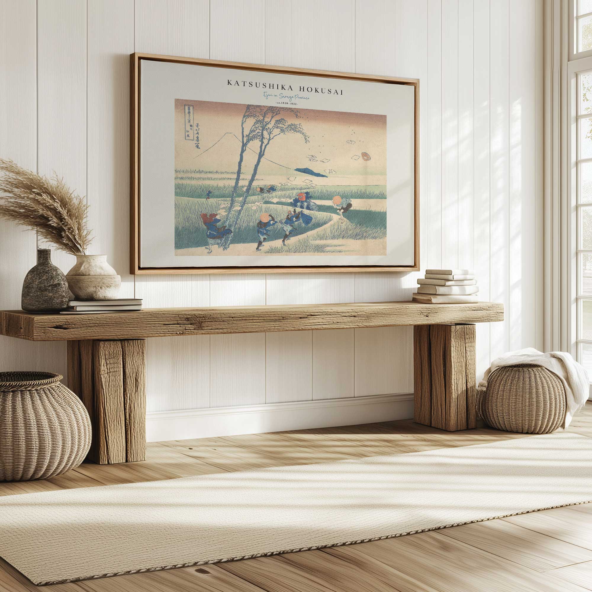 Ejiri in Suruga Province by Hokusai canvas print in a maple floater frame hanging above a bench