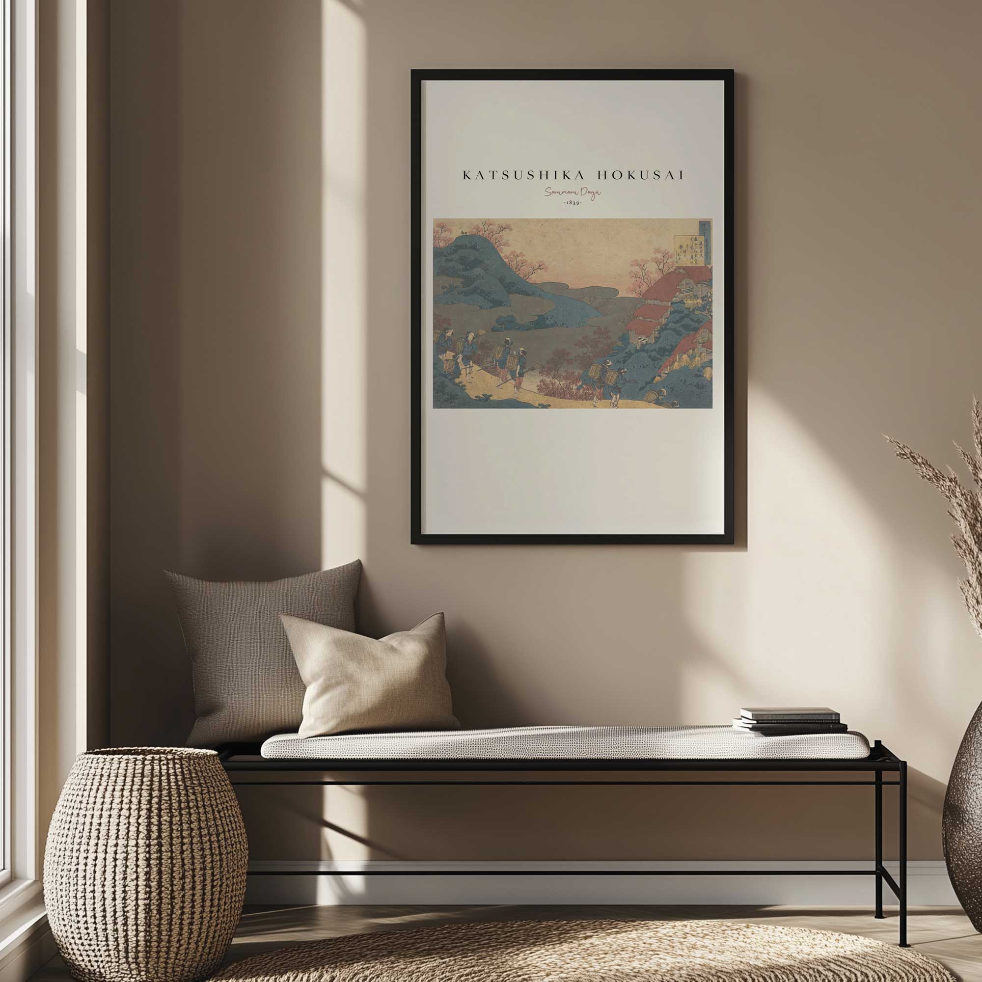 samuru dayu by hokusai print in a black frame hanging above a bench
