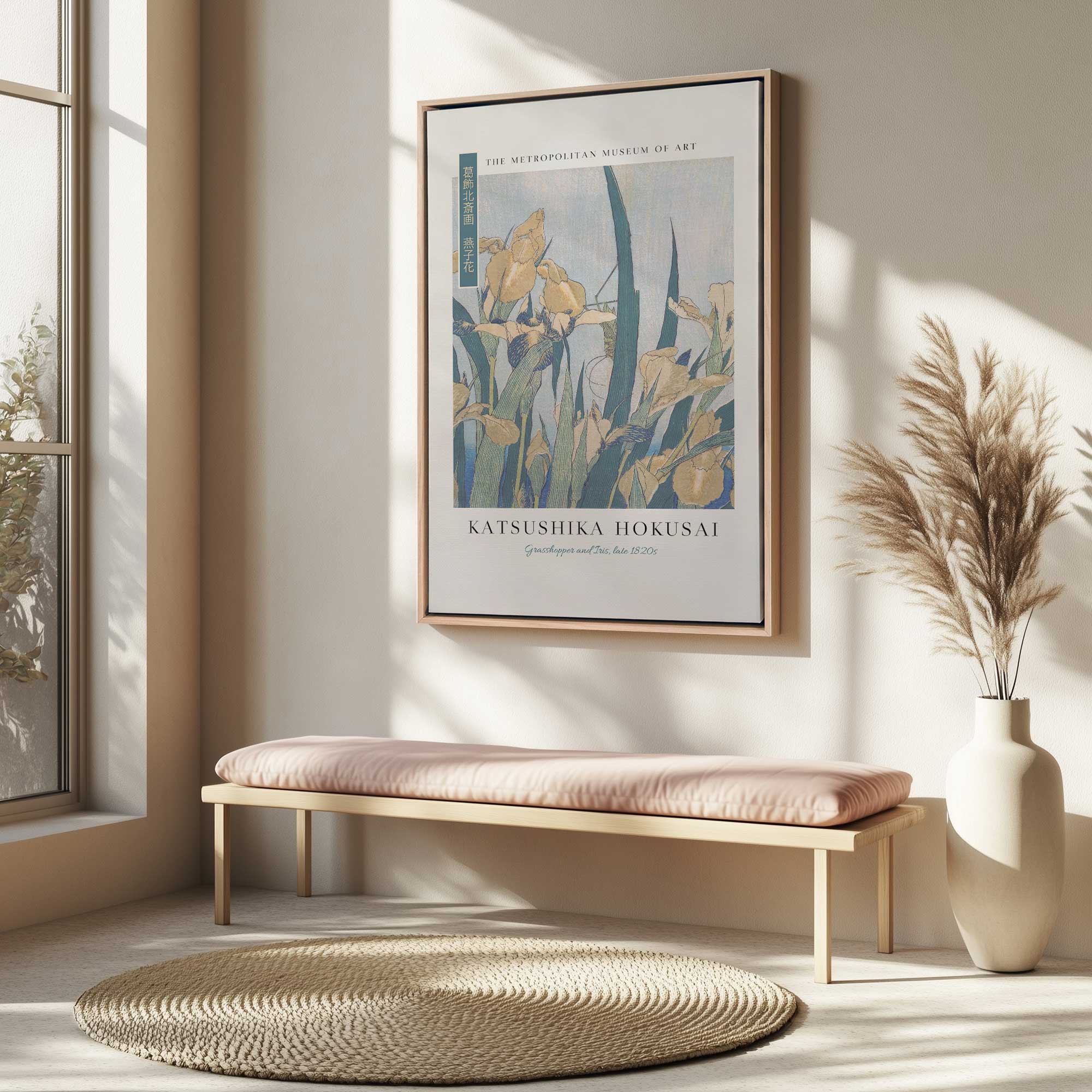hokusai's grasshopper and iris on canvas hanging above a bench