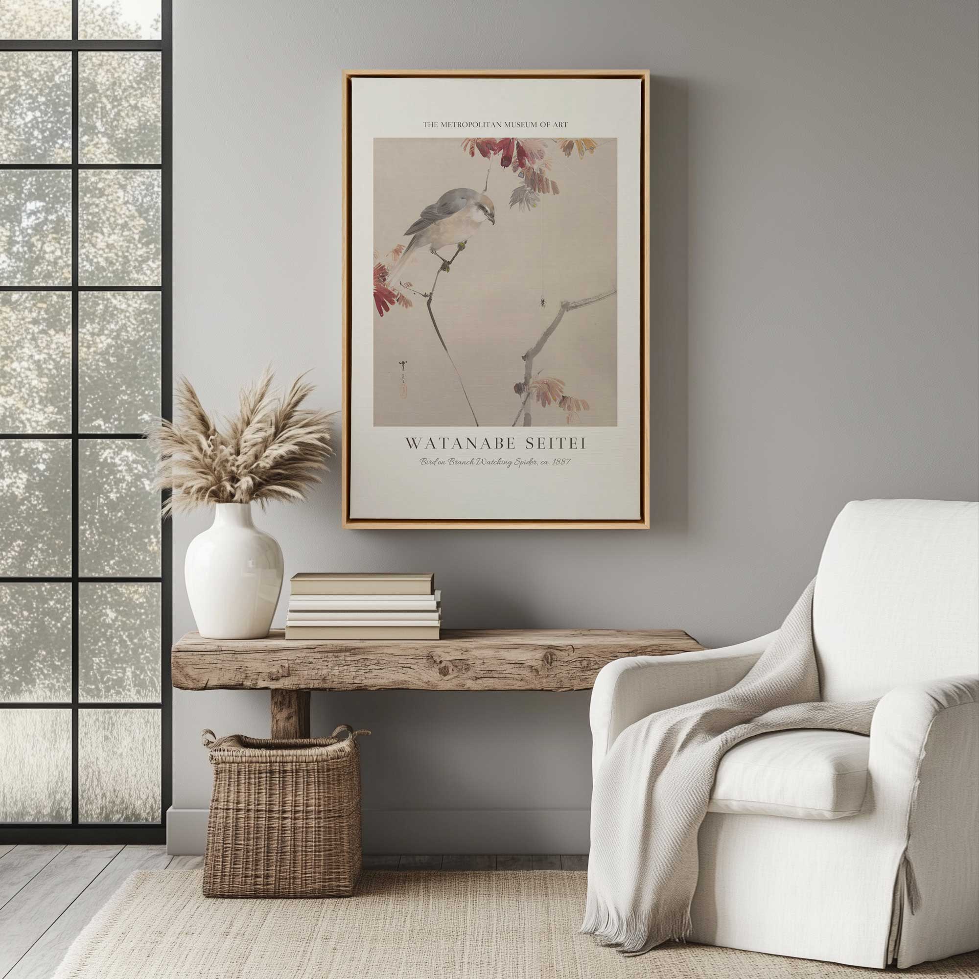 bird on branch watching spider by watanabe seitei canvas print in a large open sitting rom