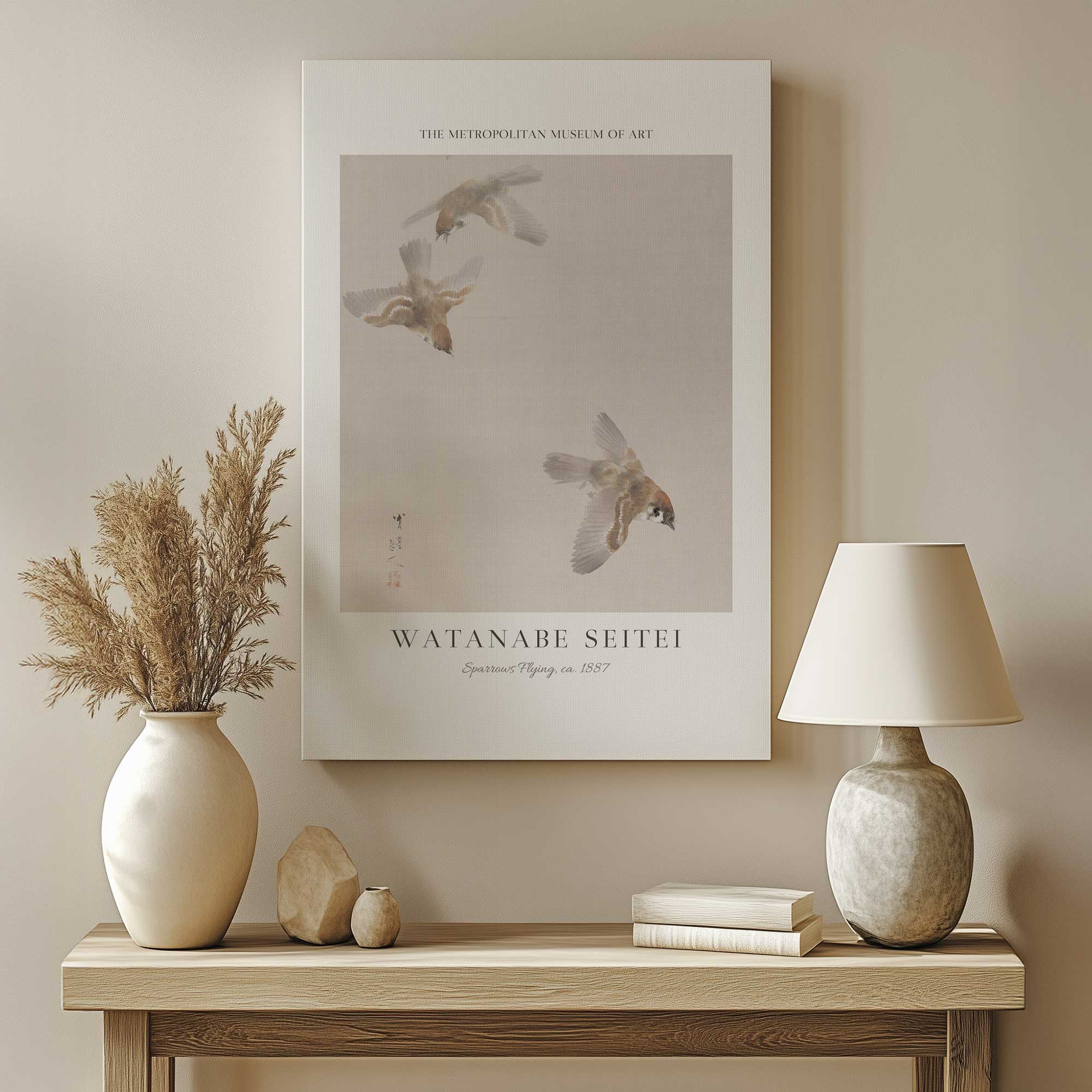 sparrows flying by watanabe seitei canvas print hanging above a console table