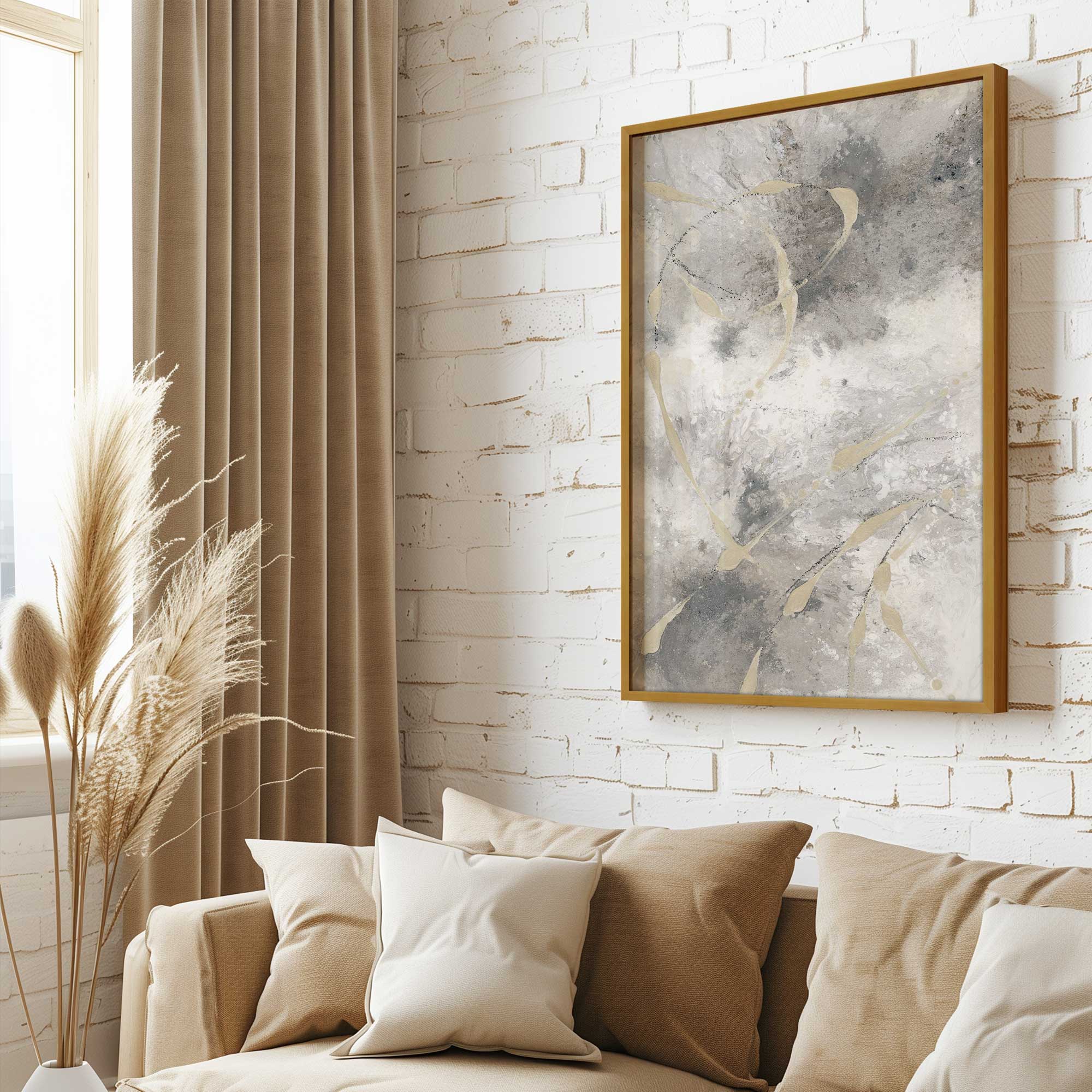 Gilded Whispers v2 print in a gold frame hanging above couch