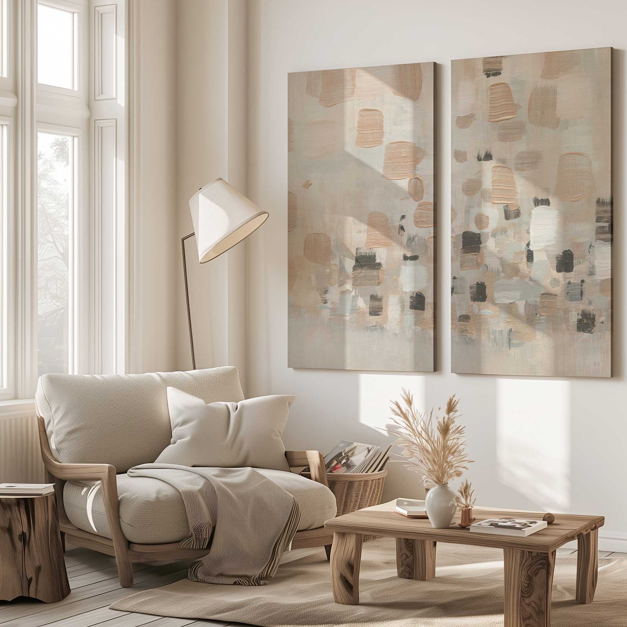 Earthen Harmony Abstract large canvas print split panel hanging in living room