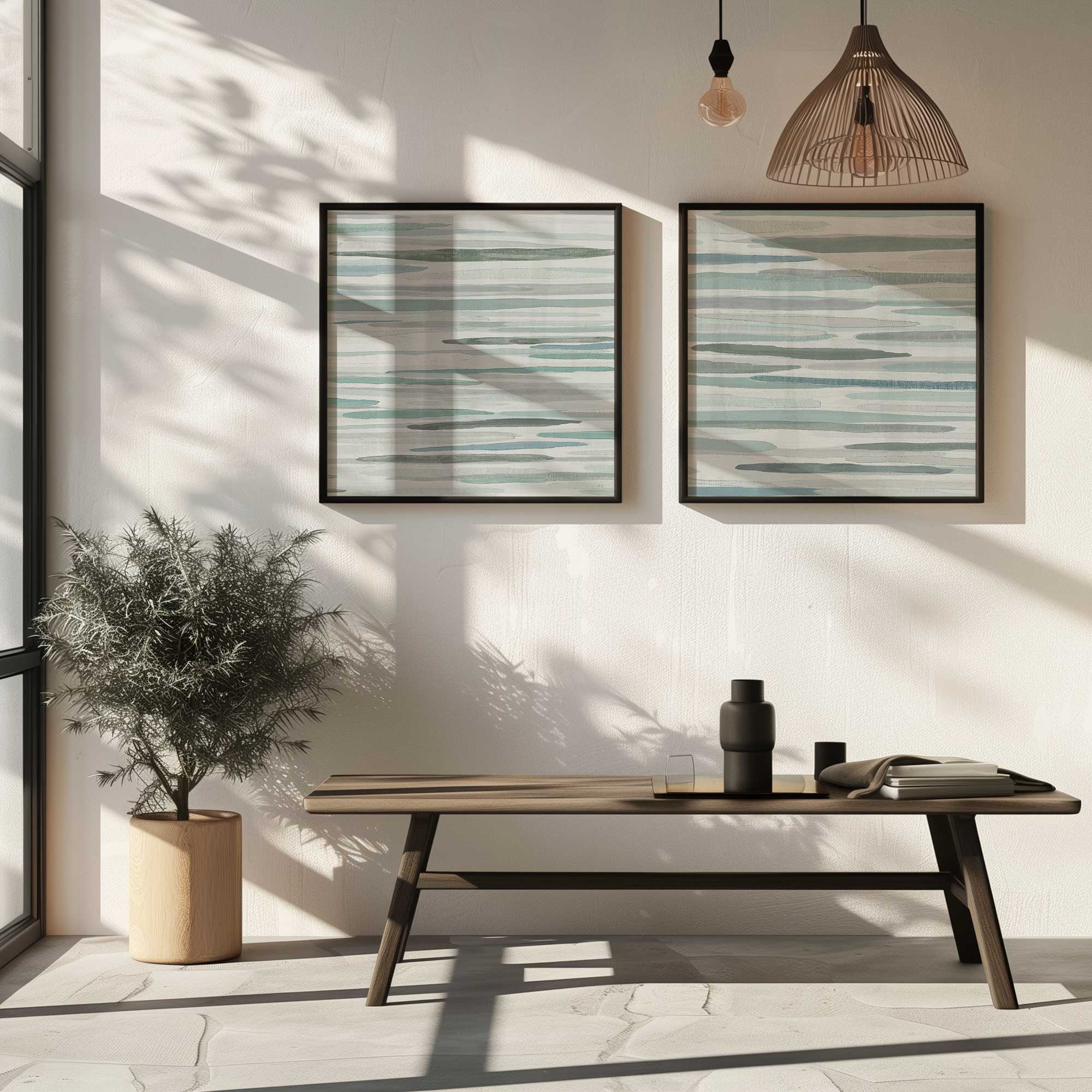 cresting calm set of 2 framed abstract prints hanging above a bench