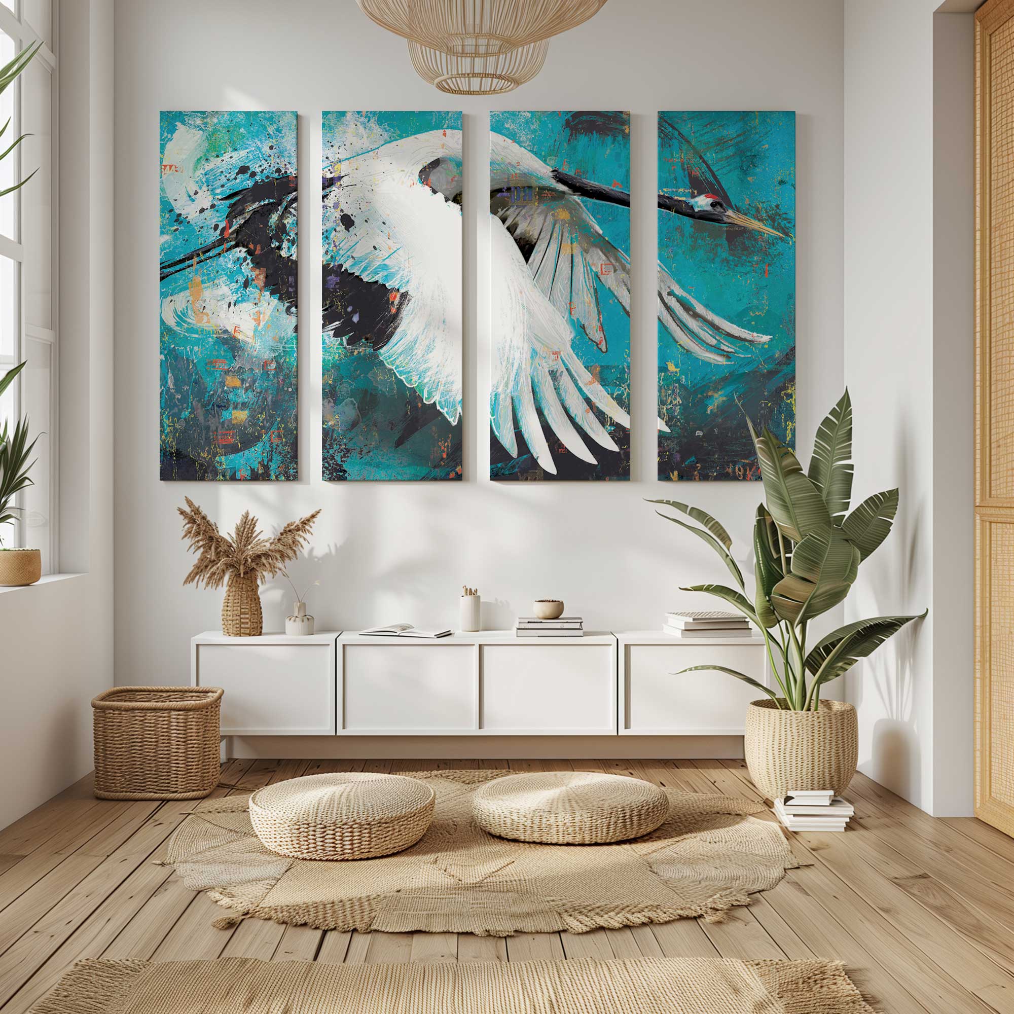 blue skies rendezvous large 4 piece split canvas hanging in sitting room