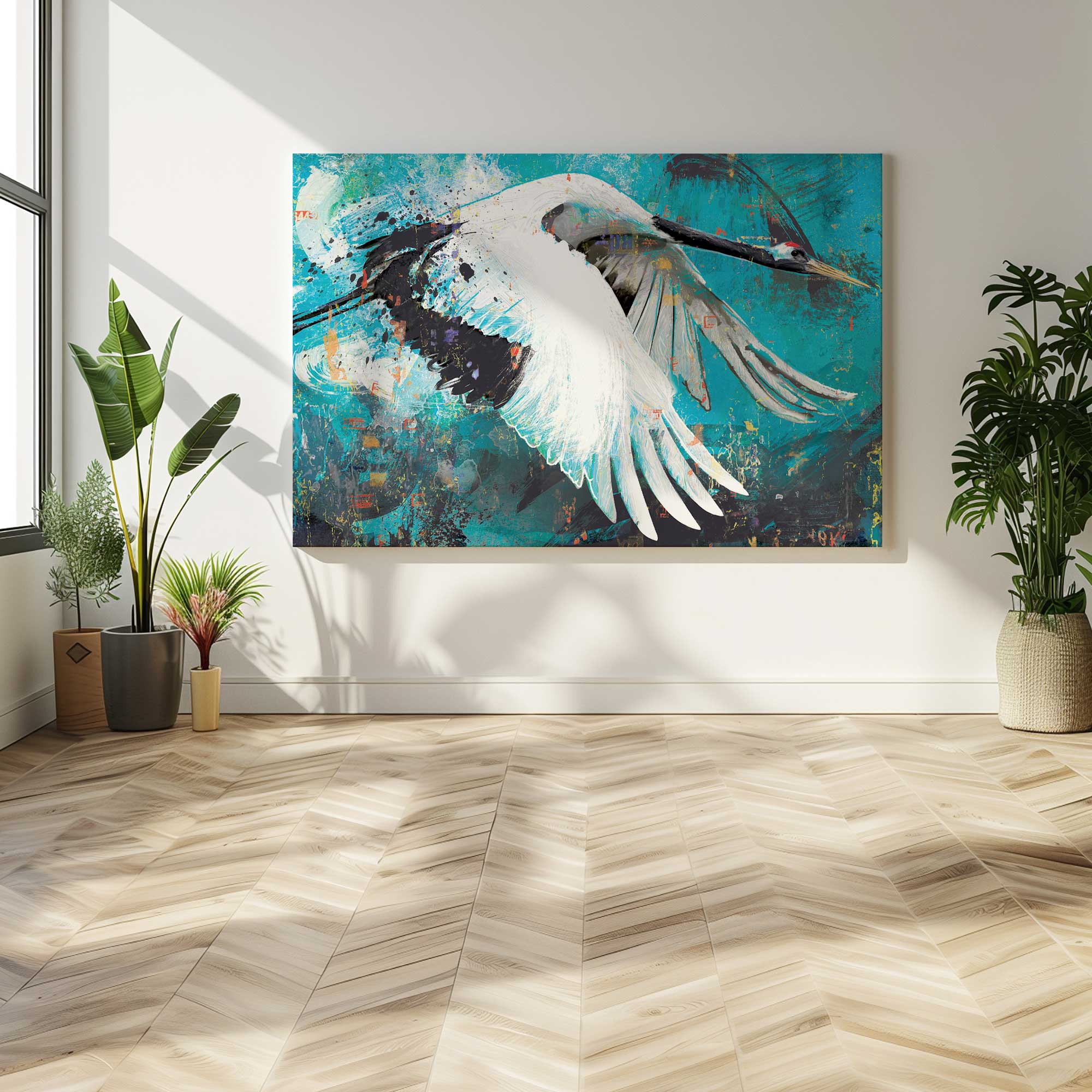 Blue Skies Rendezvous large canvas print of a crane with bright blue background on a white wall