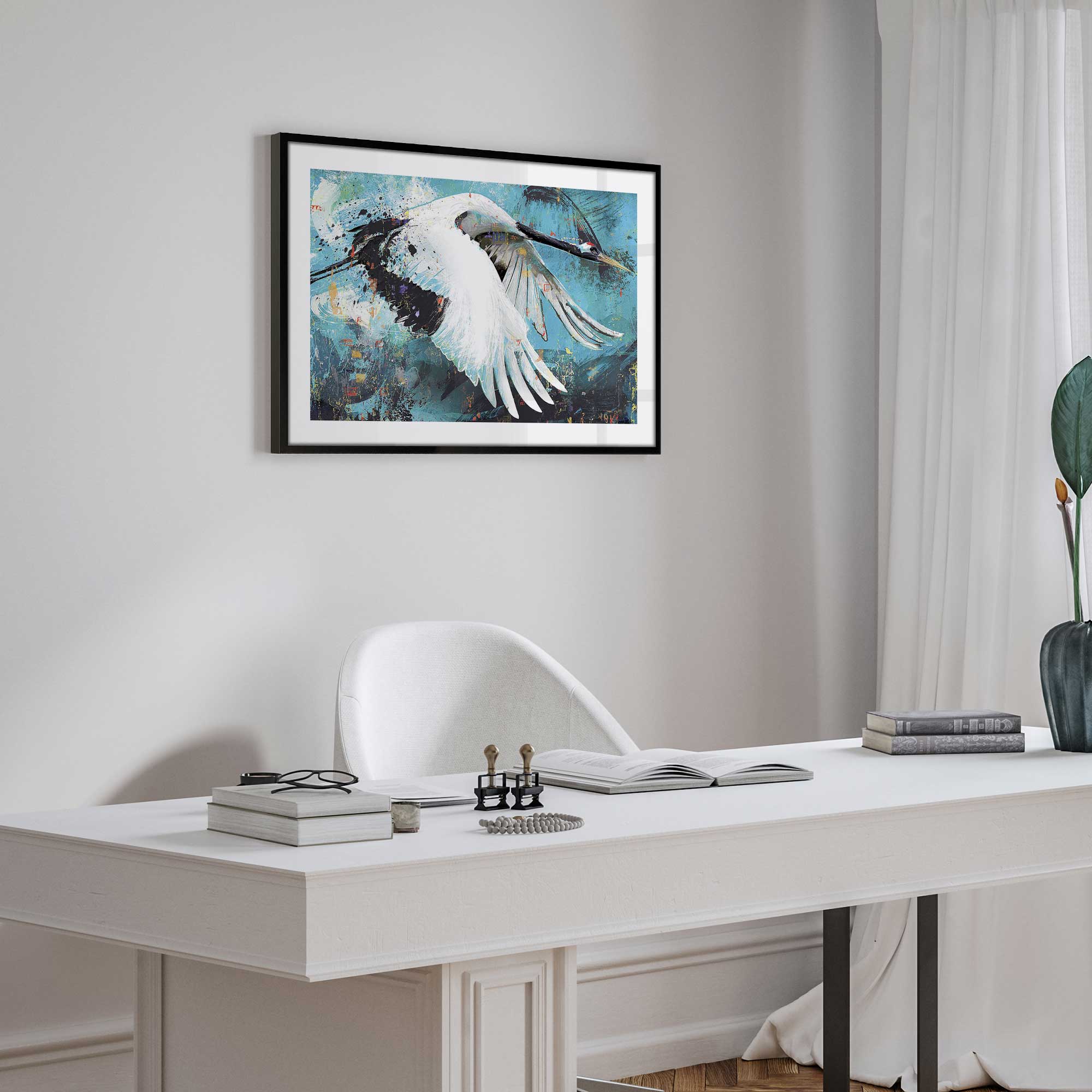 blue skies rendezvous print blue abstract with flying crane hanging above an office desk