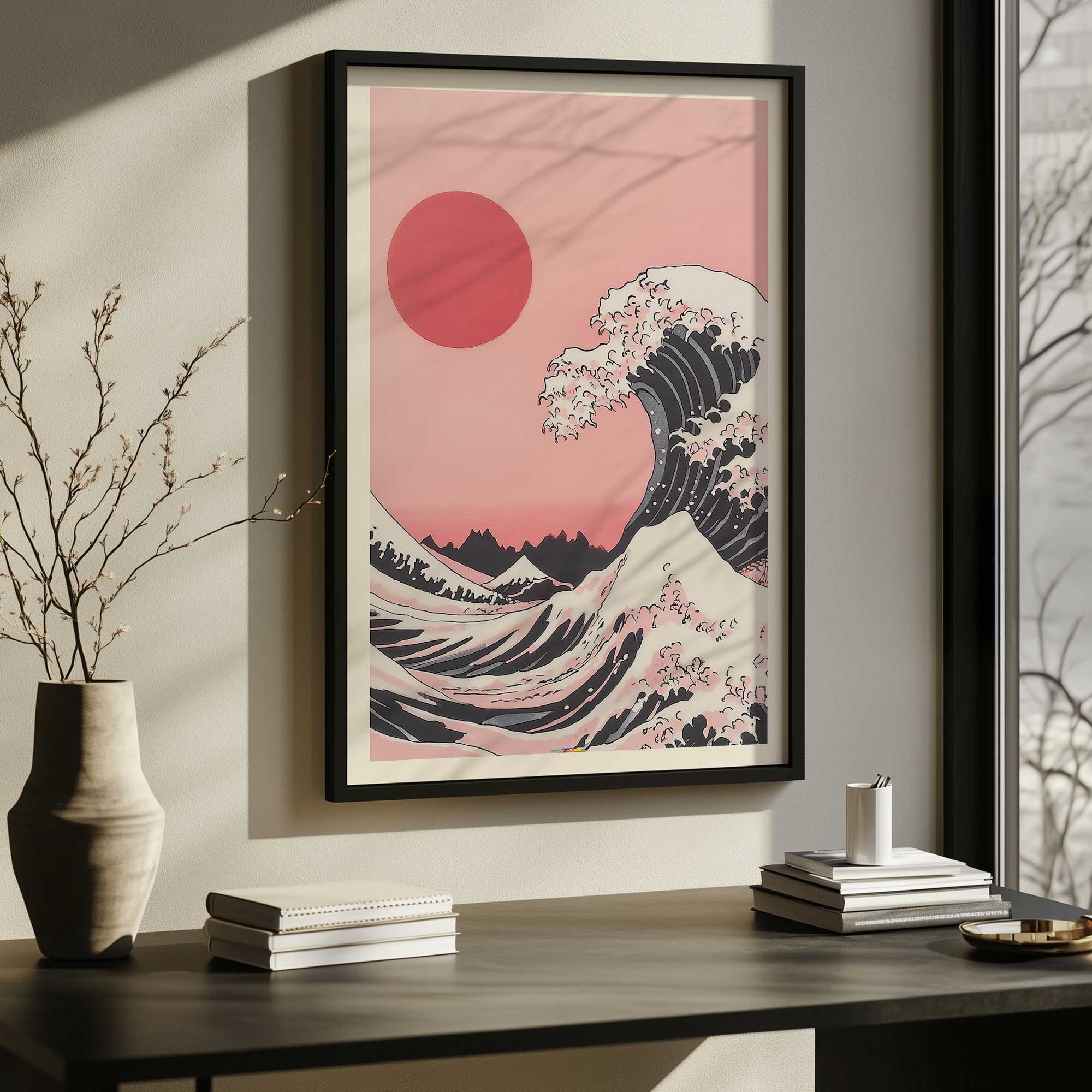 hokusai-style rosewave horizon in a black frame hanging above a desk
