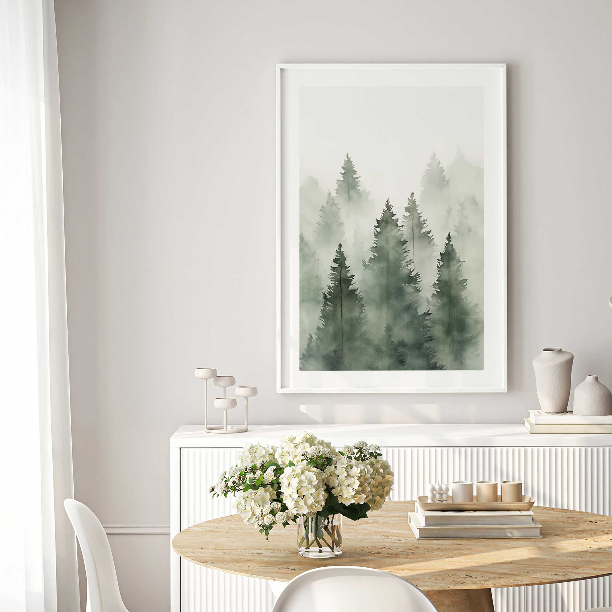 Foggy Morning Woodland I Print in a white frame hanging above dining room table