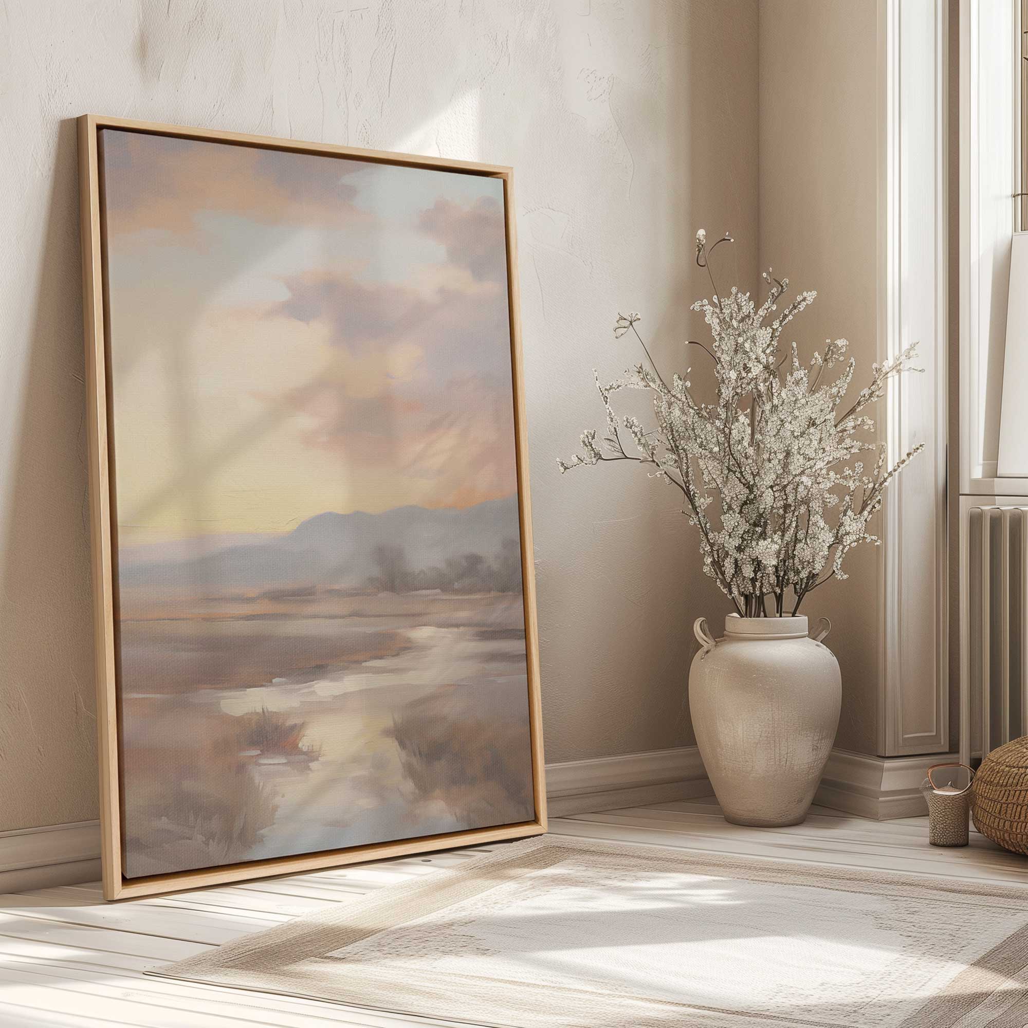 serene sunset over fields print on canvas in a maple wooden floater frame