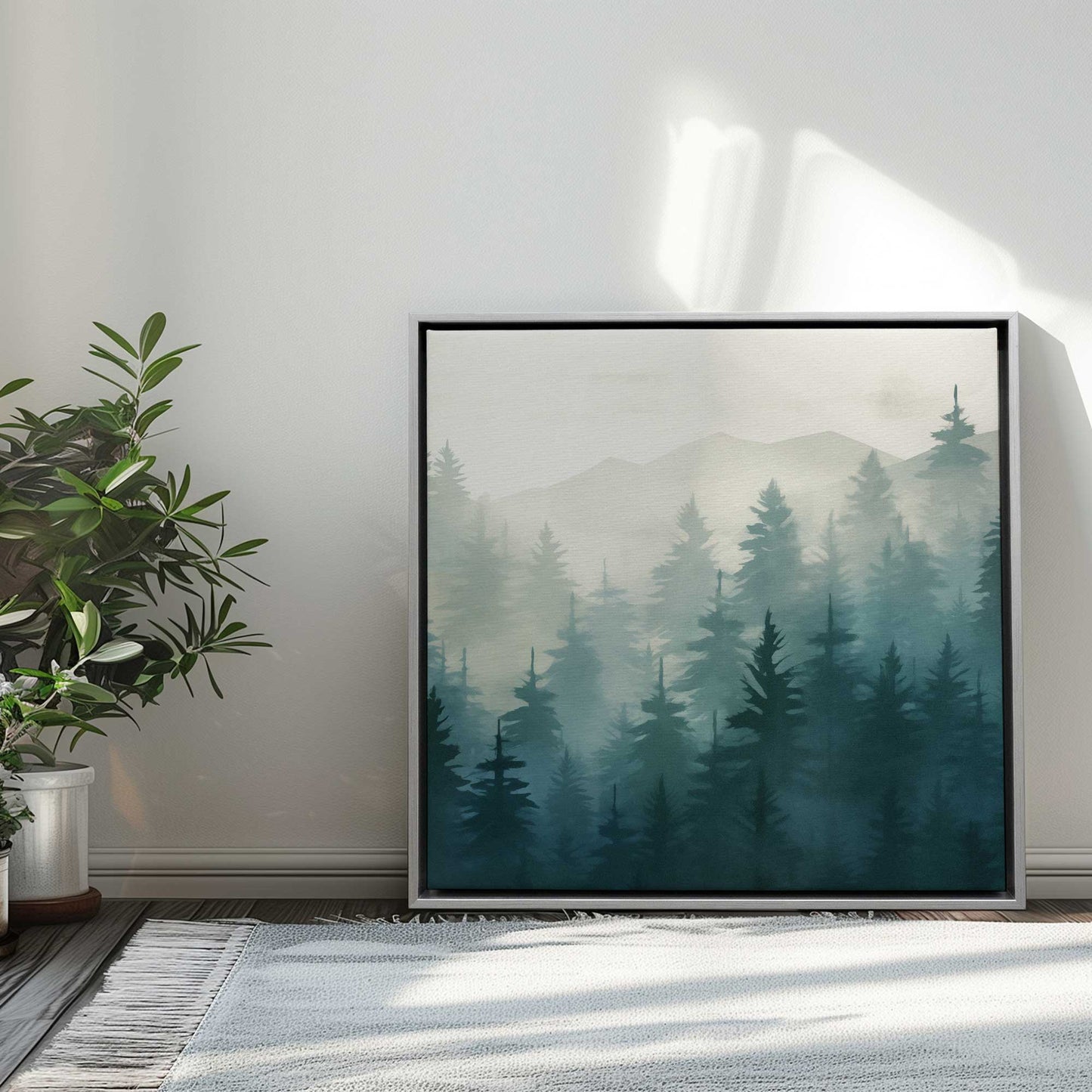 Misty Pine Forest in Blue Print on Canvas