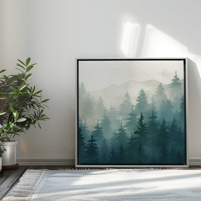 Misty Pine Forest in Blue Print on Canvas